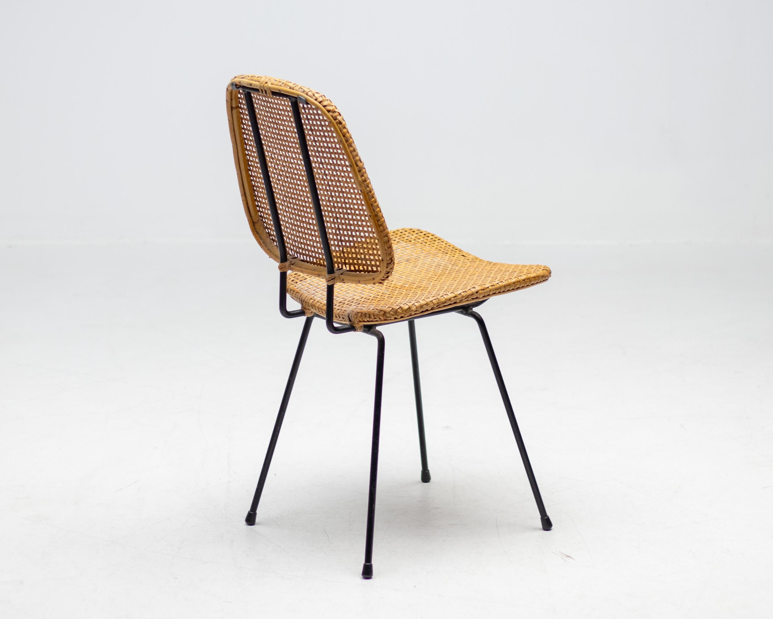Elegante Silla Auxiliar Italiana de Varilla Negra y Caña, 1950 Moderno de mediados de siglo en venta
