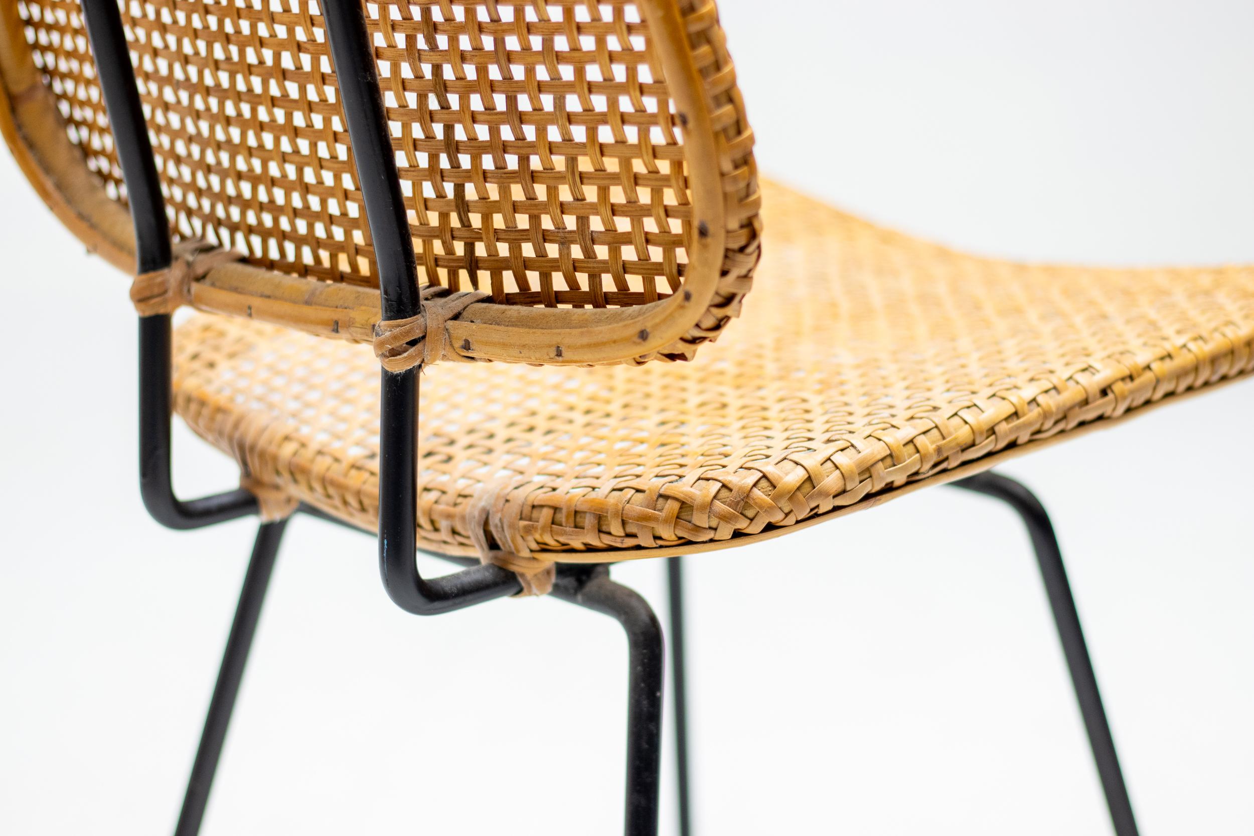 Elegante Silla Auxiliar Italiana de Varilla Negra y Caña, 1950 en Bueno estado para la venta en Dronten, NL