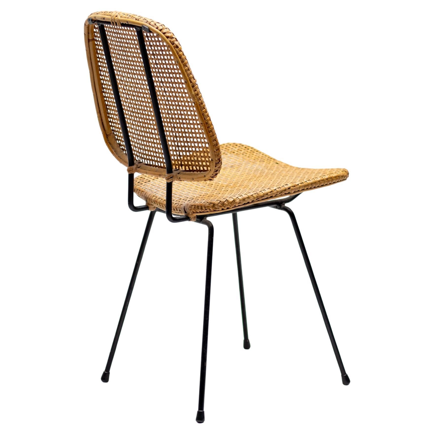 Elegante Silla Auxiliar Italiana de Varilla Negra y Caña, 1950 en venta