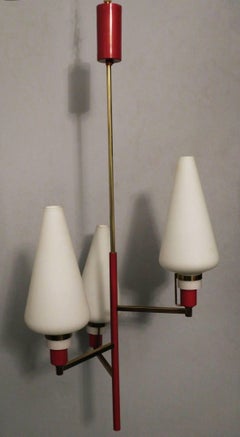 Elegant Italian Brass and Milk Glass Three-Light Chandelier, 1950s