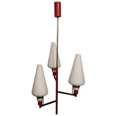 Vintage Elegant Italian Brass and Milk Glass Three-Light Chandelier, 1950s