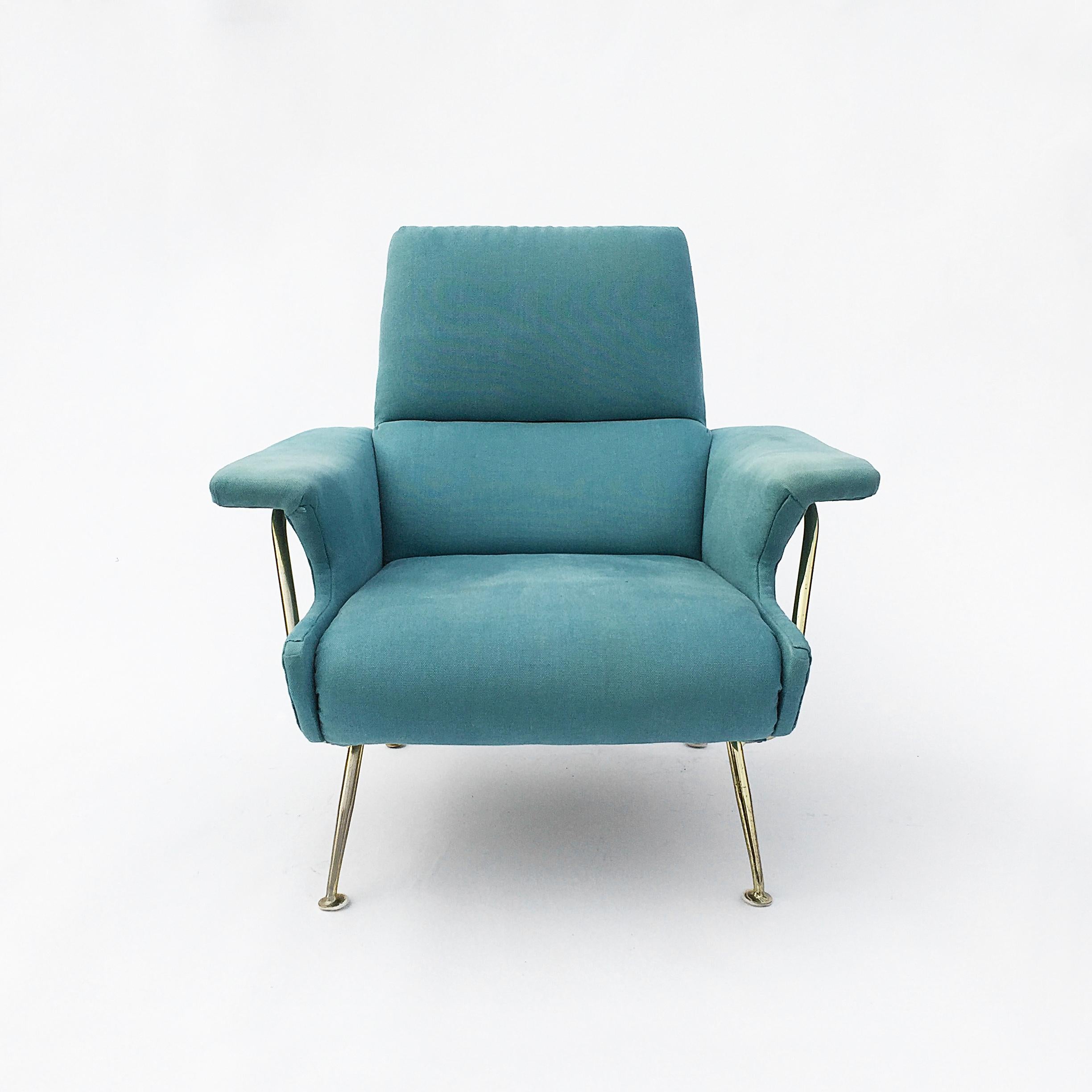 An elegant and unique Italian armchair on brass frame. Beautifully curved frame shape and very comfortable seating. It would benefit new upholstery.
 