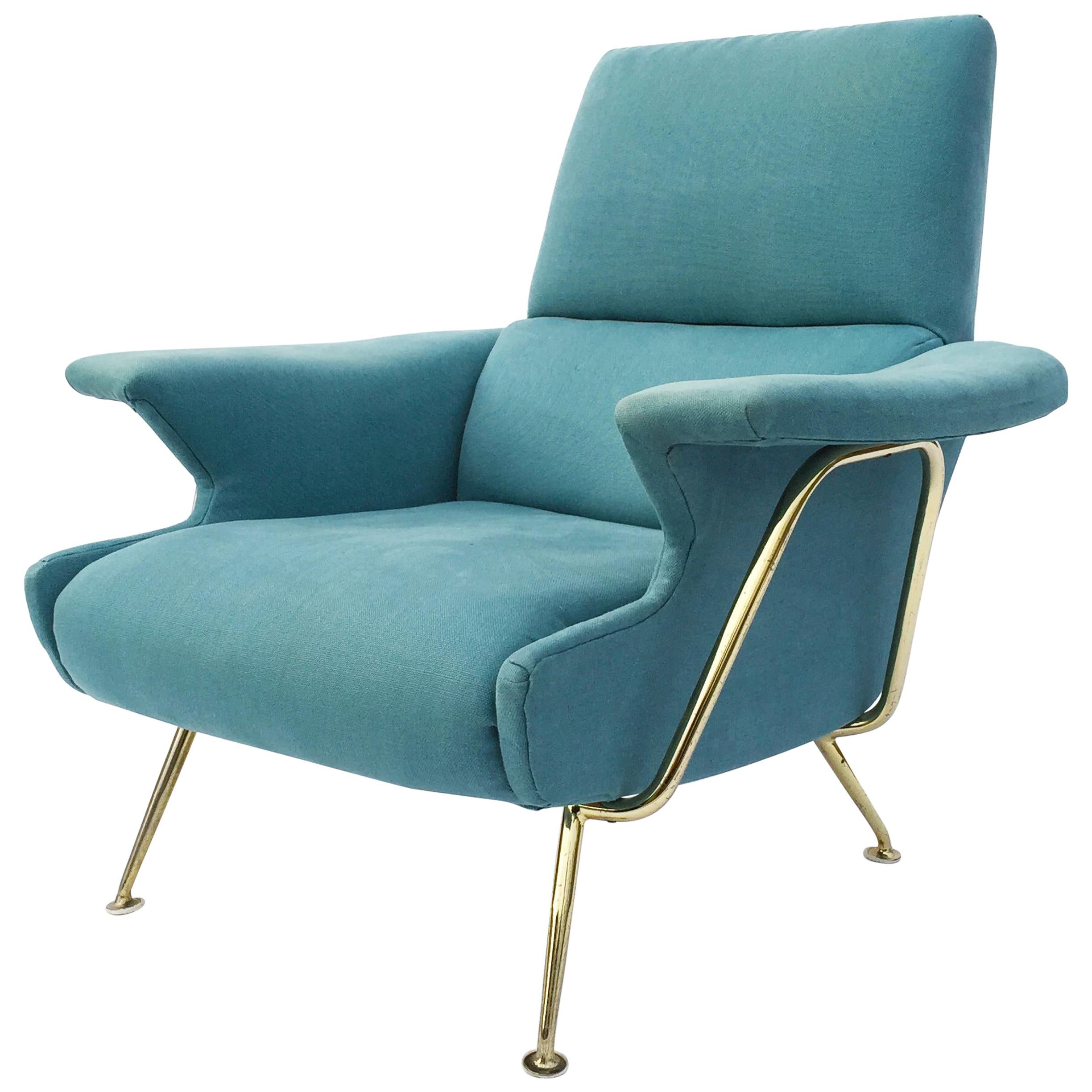 Elegant Mid-Century Italian Brass Framed Lounge Armchair, 1950s Hollywood  For Sale