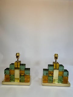 Elegant Italian brass & Murano glass cube lamps - Contemporary design
