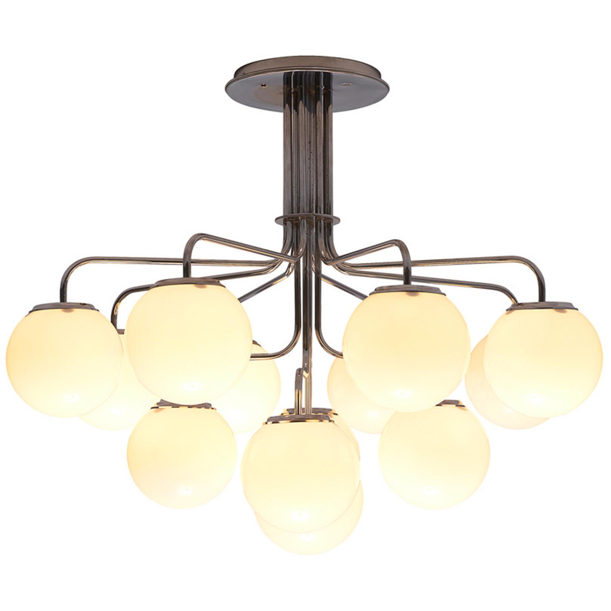 Elegant Italian Chandelier in Steel with Opaque White Glass Spheres