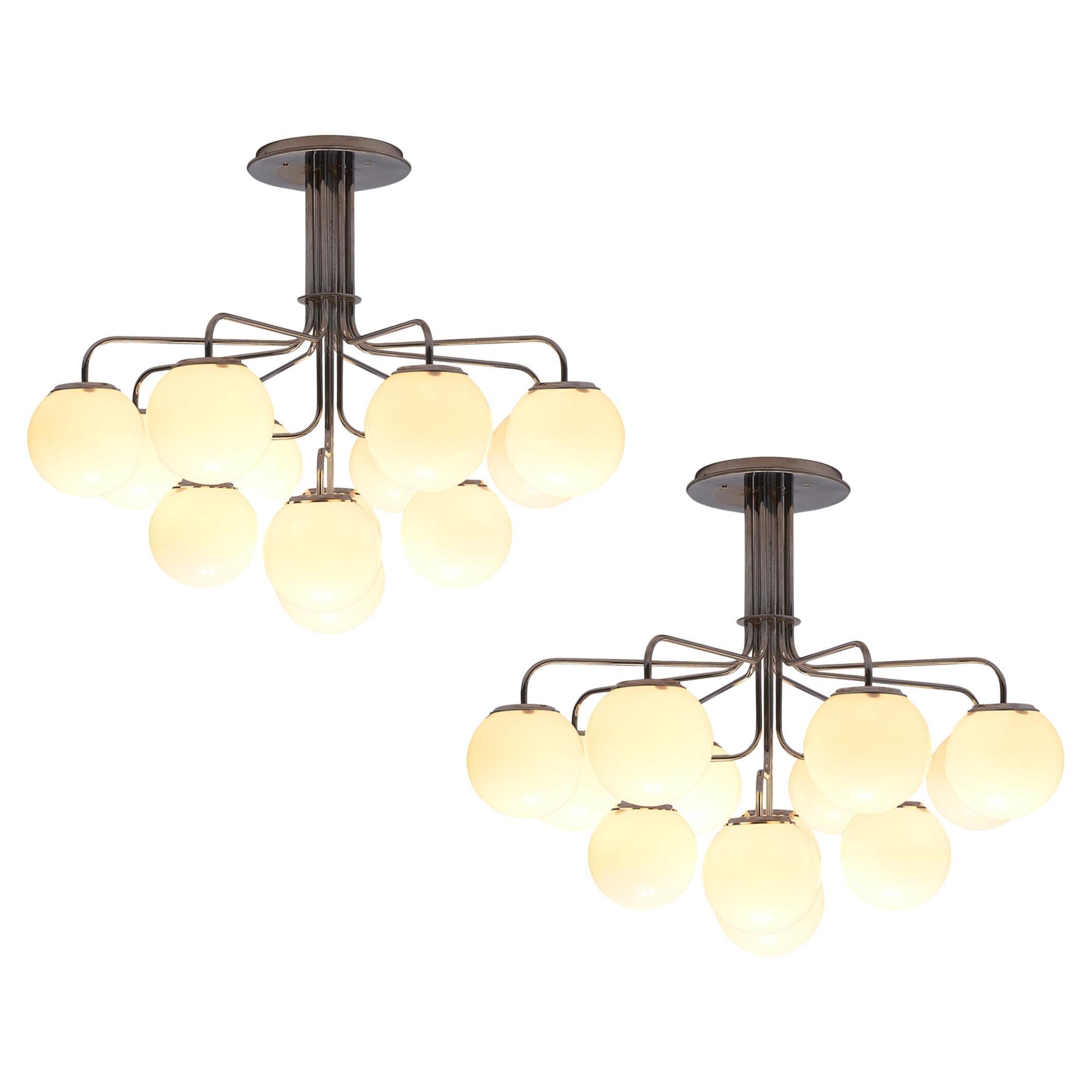 Elegant Italian Chandeliers in Steel with Opaque White Glass Spheres For Sale