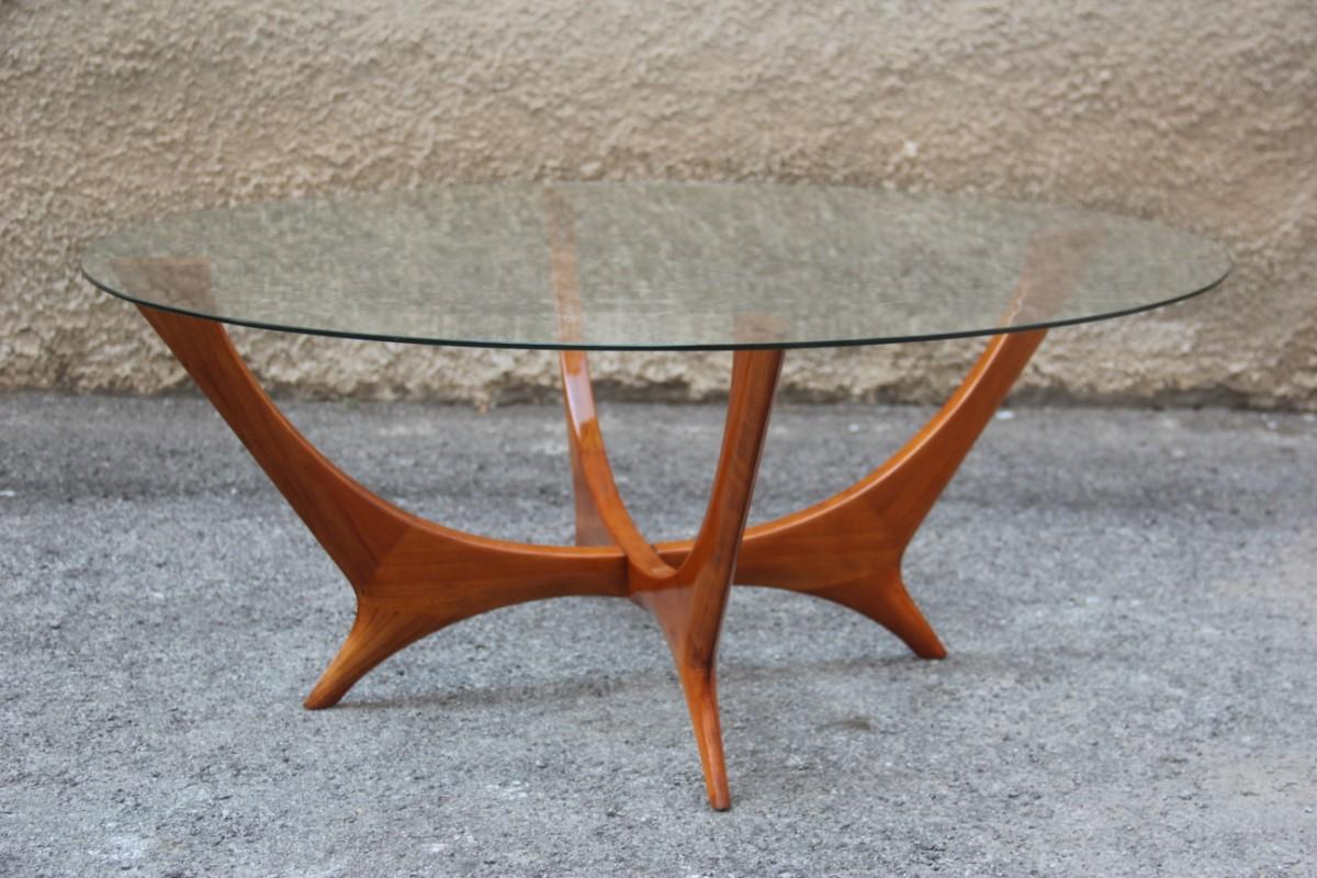 European Italian Coffee Table Round Cherry Wood Glass Top Mid-Century Modern 1950s