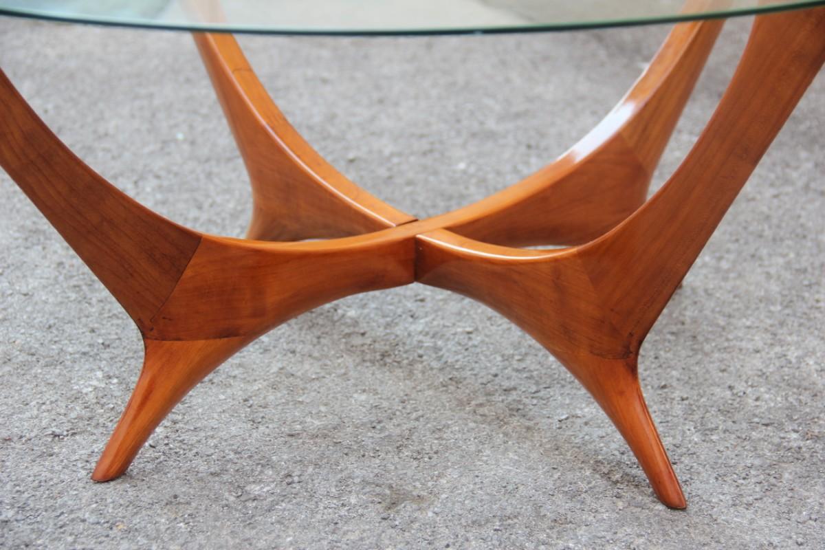 Italian Coffee Table Round Cherry Wood Glass Top Mid-Century Modern 1950s 1