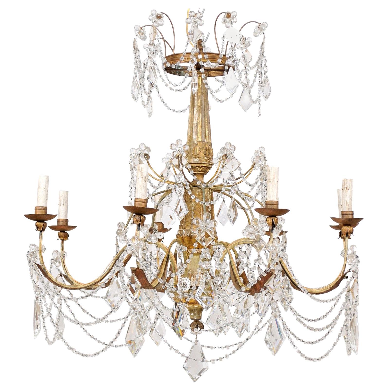 Elegant Italian Crystal and Giltwood Eight-Light Chandelier, Early 20th Century