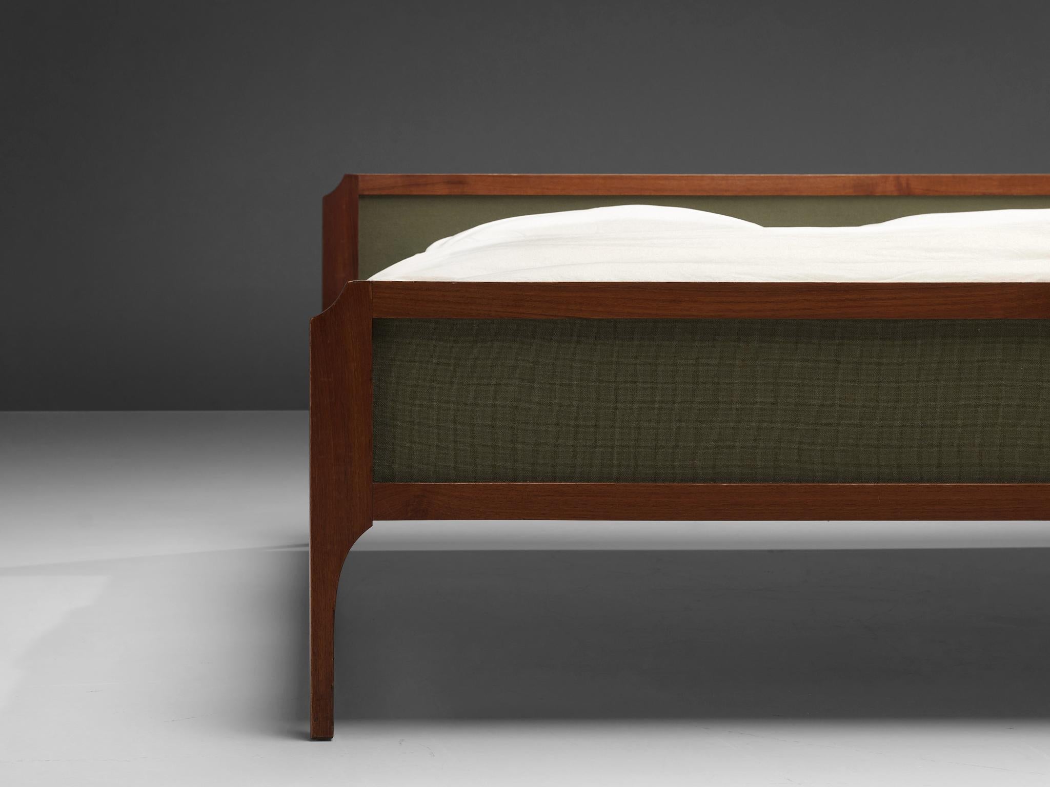 Mid-Century Modern Elegant Italian Double Bed in Teak and Green Fabric
