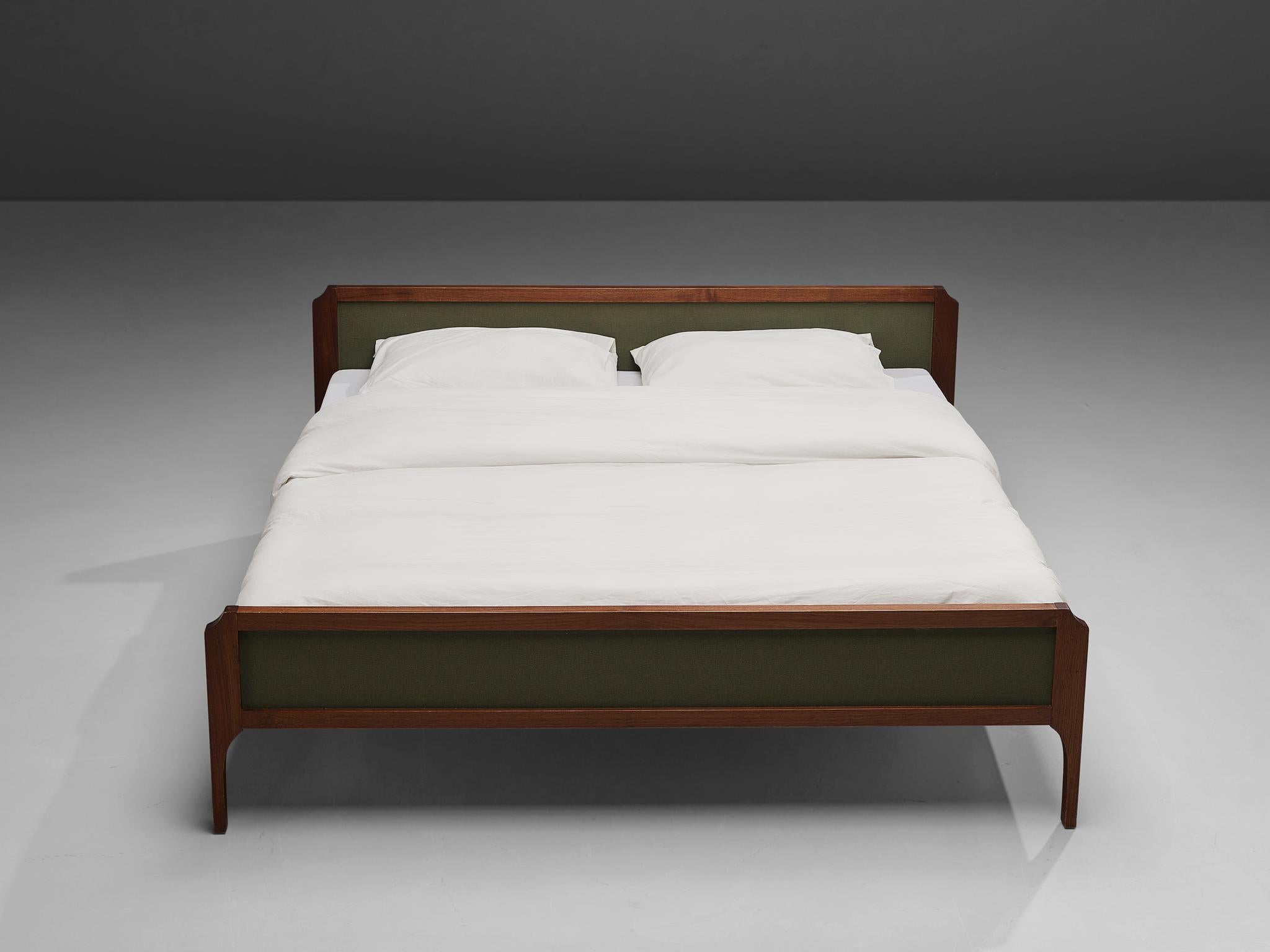 Elegant Italian Double Bed in Teak and Green Fabric In Good Condition In Waalwijk, NL