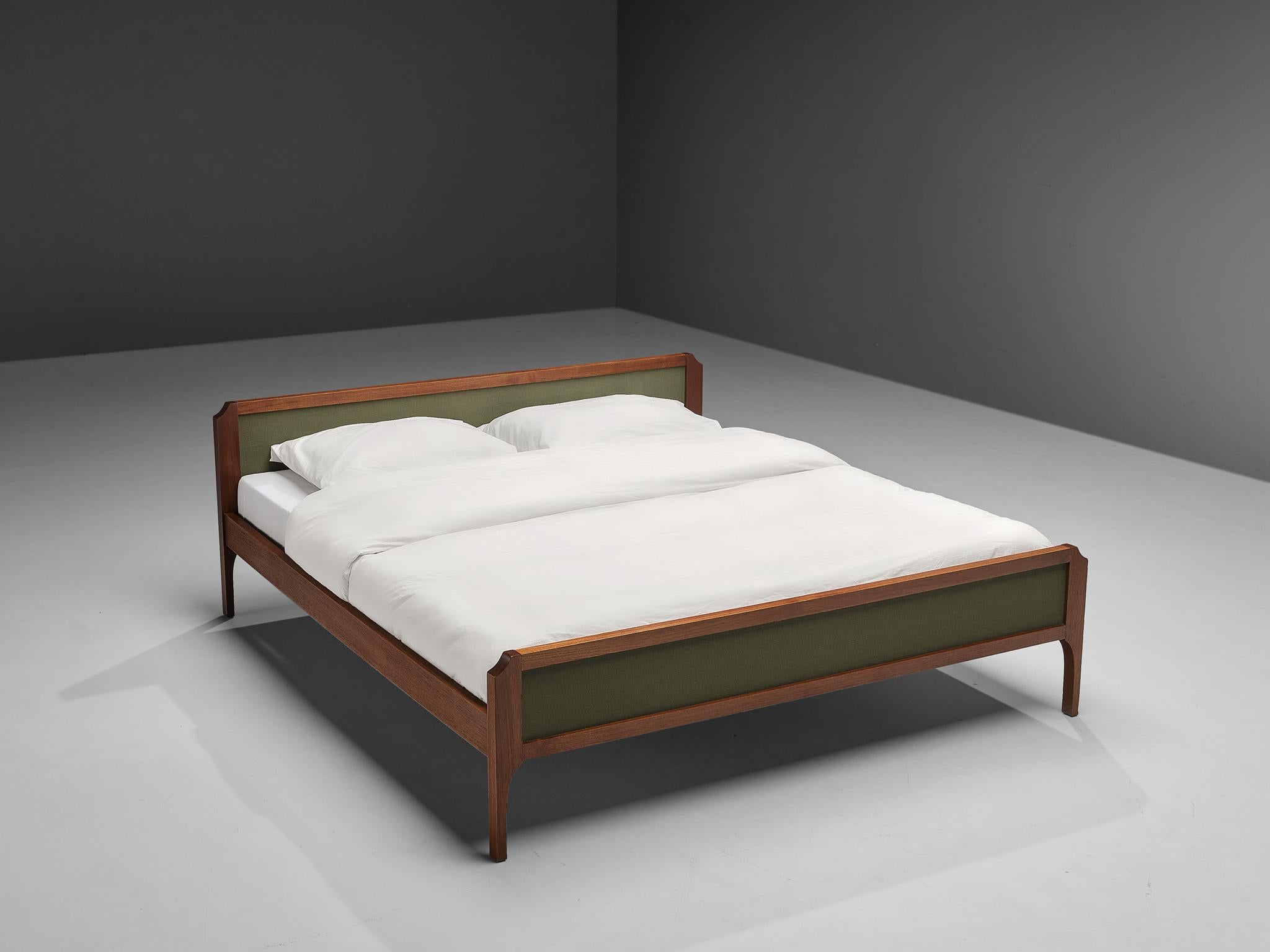 Elegant Italian Double Bed in Teak and Green Fabric 1