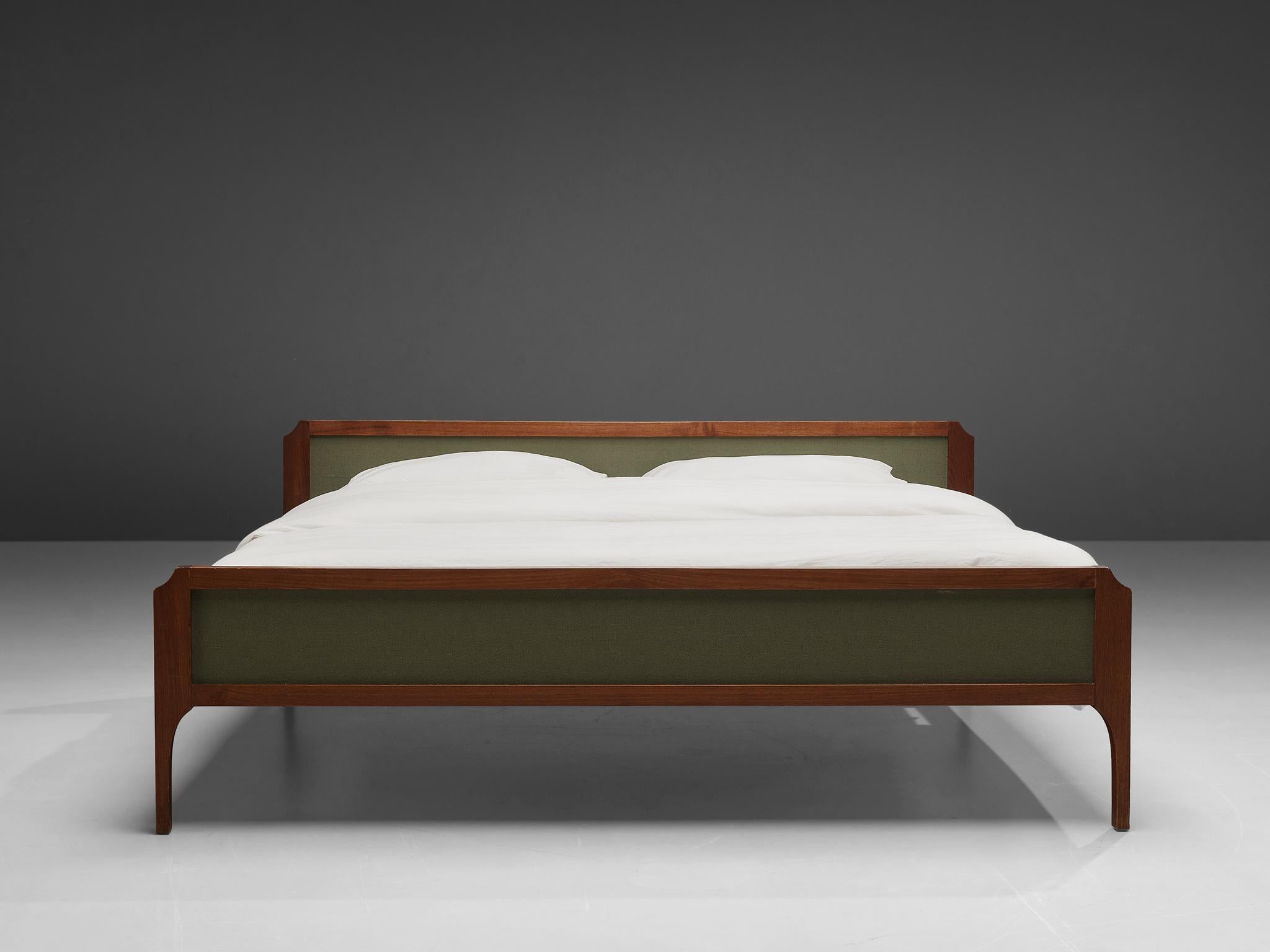Elegant Italian Double Bed in Teak and Green Fabric 4