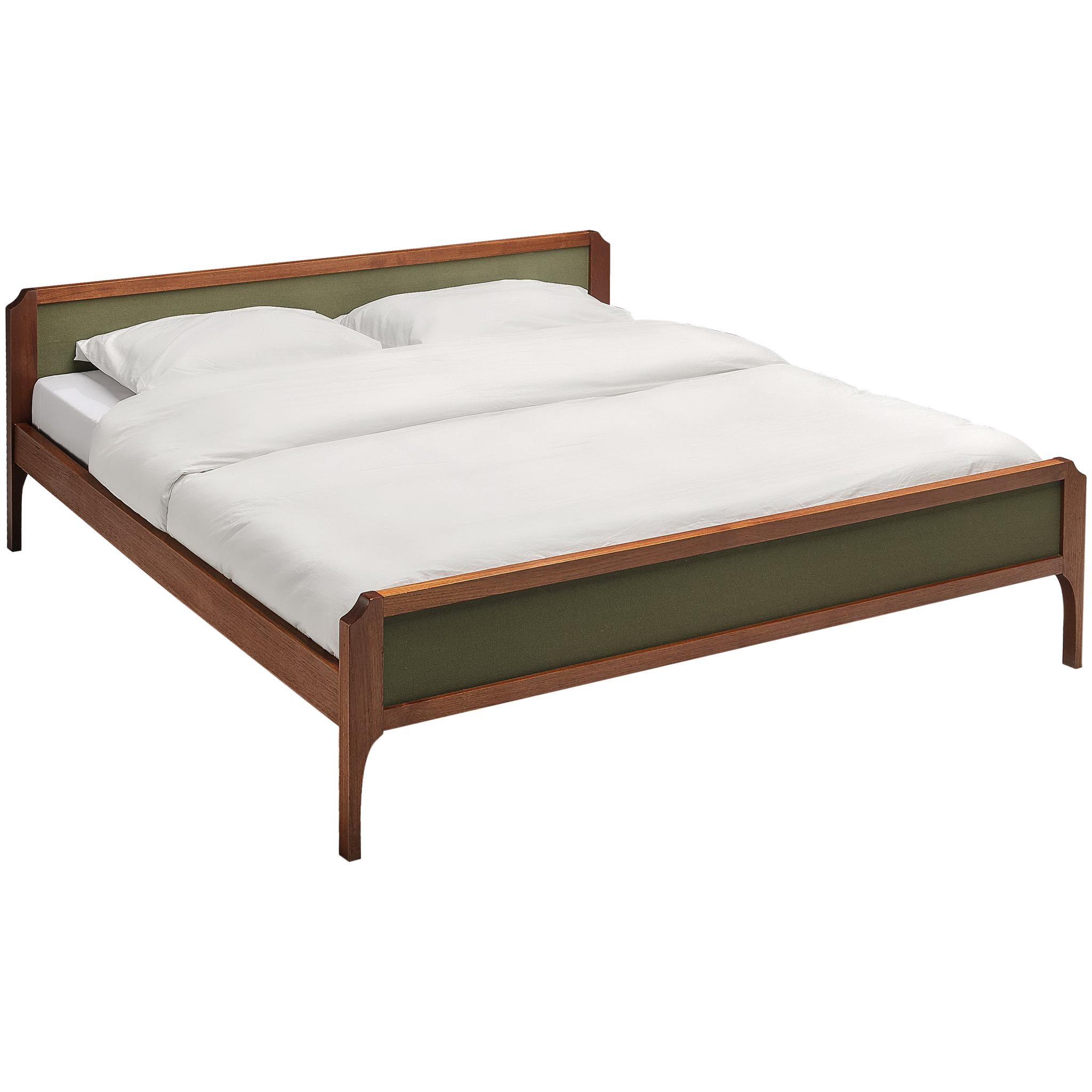 Elegant Italian Double Bed in Teak and Green Fabric