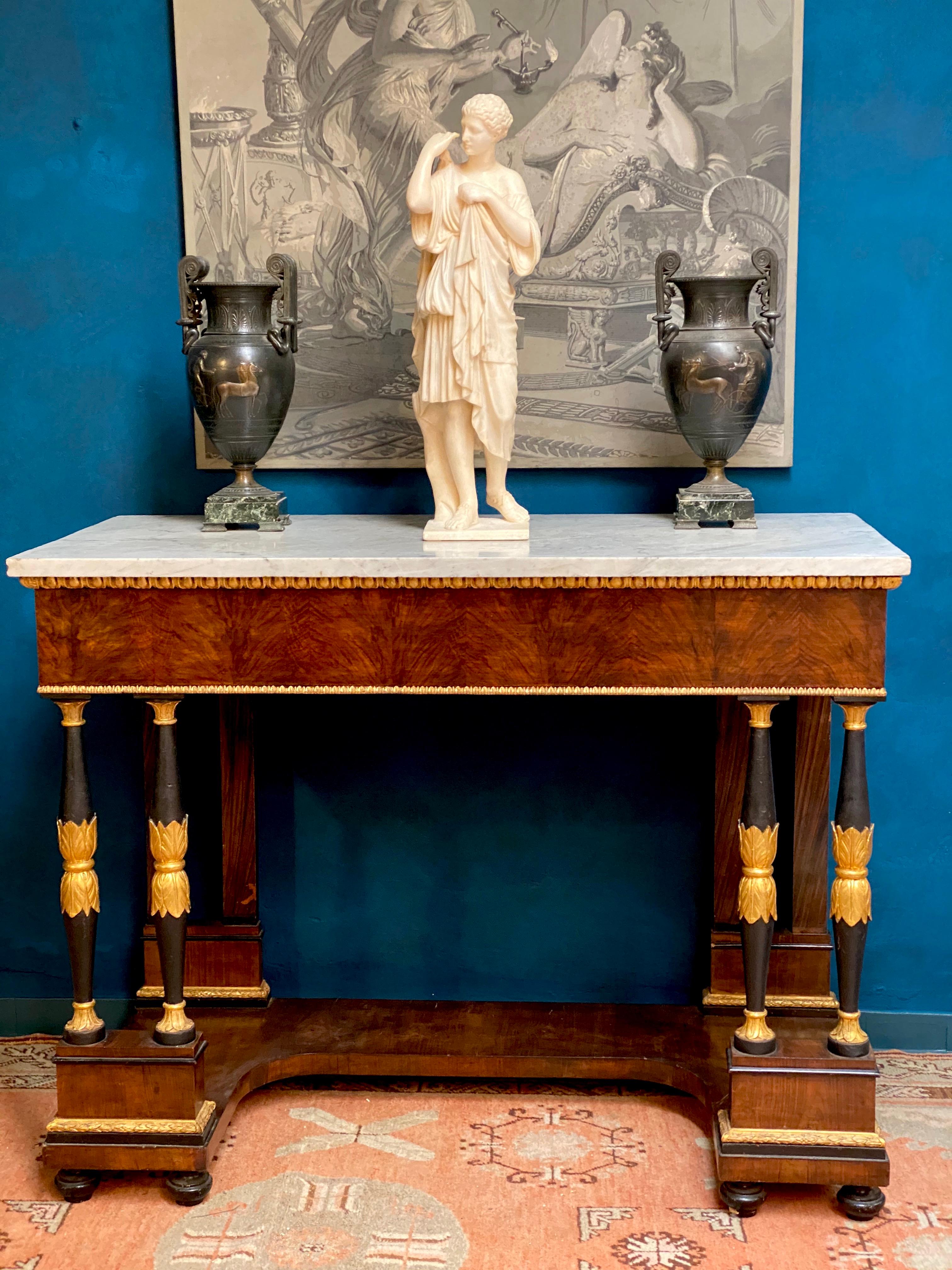 Mahogany Elegant Italian Empire Consoles Tables with White Marble Top, 1815 For Sale