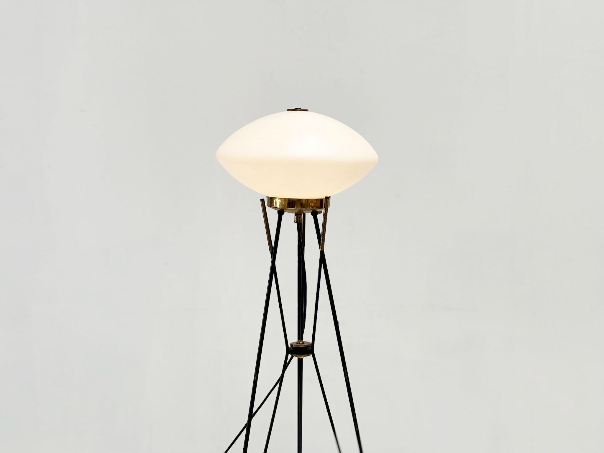 Elegant Italian floorlamp with white opaline shade
high end floor lamp made in the 70s in Italy. The lamp is by an unknown designer but certainly a perfect example of craftsmanship. The lamp is reminiscent to Stillnovo and other famous Italian