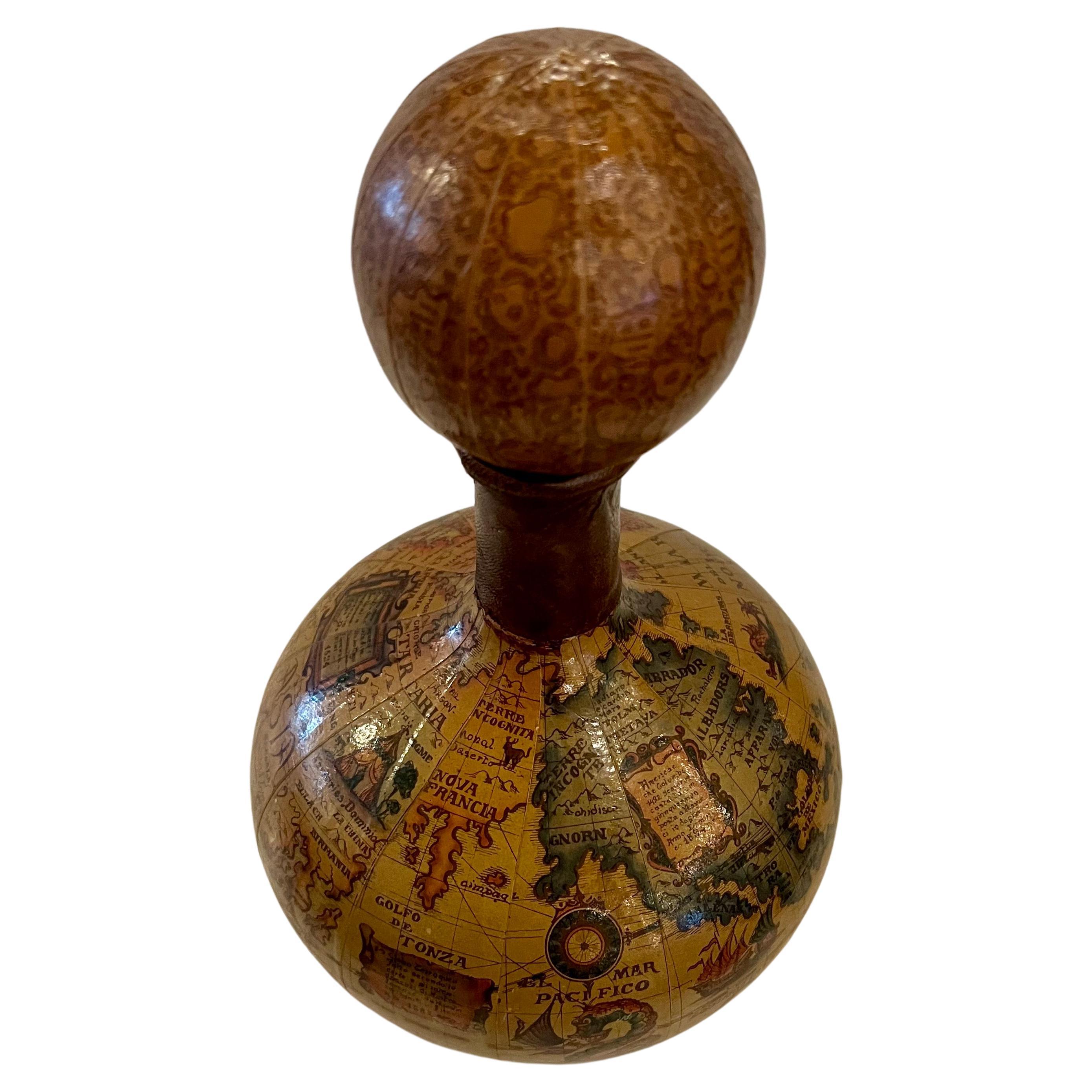 elegant and beautiful Florentine Italian Hand made wine decanter , liquor wine decanter circa 1970's beautiful condition green glass bottle with leather wrapped , antique world map and stopper.