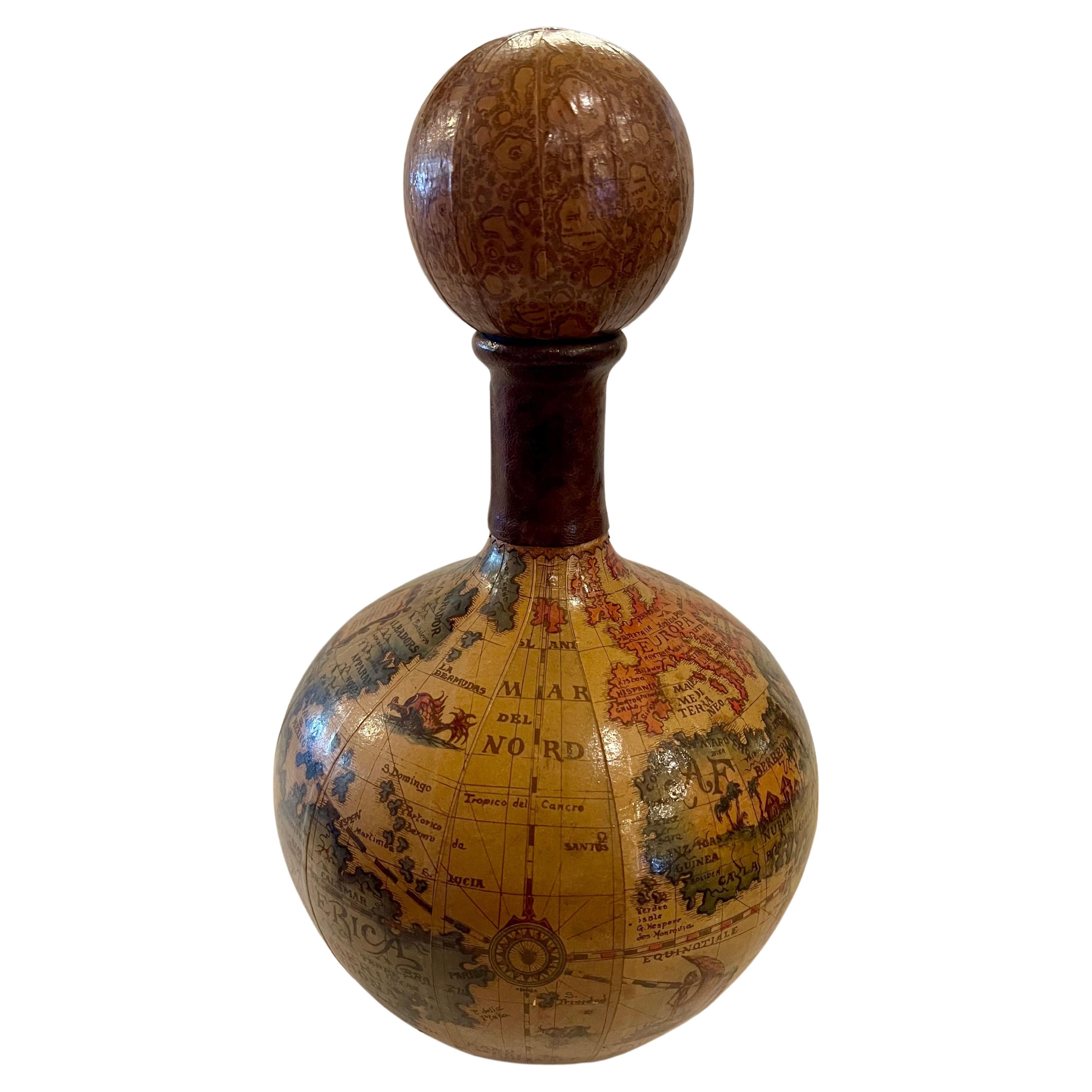 Hollywood Regency Elegant Italian Hand Made Leather Wrapped Antique World Map Liquor Decanter