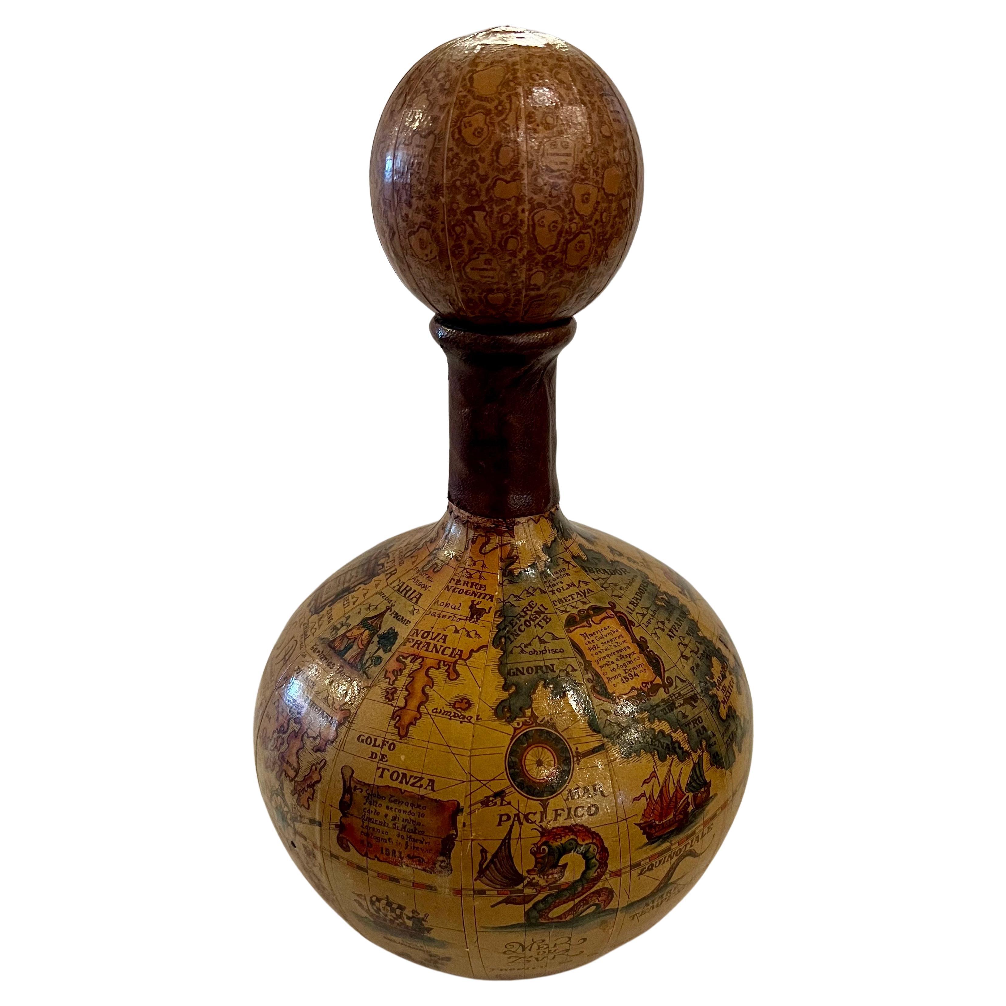 Elegant Italian Hand Made Leather Wrapped Antique World Map Liquor Decanter In Excellent Condition In San Diego, CA