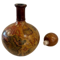 Elegant Italian Hand Made Leather Wrapped Antique World Map Liquor Decanter