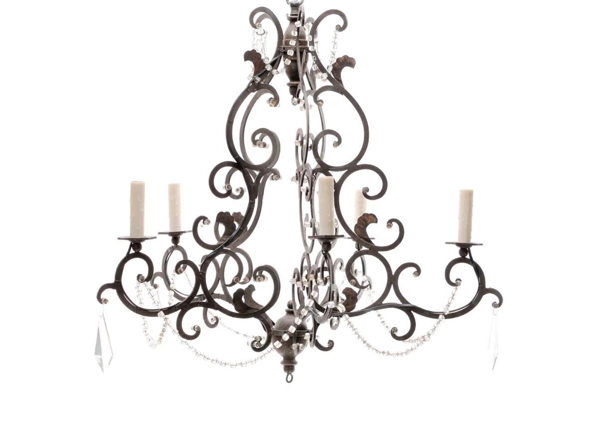 Late 19th Century Elegant Italian Iron, Wood and Crystal Chandelier, 19th Century For Sale