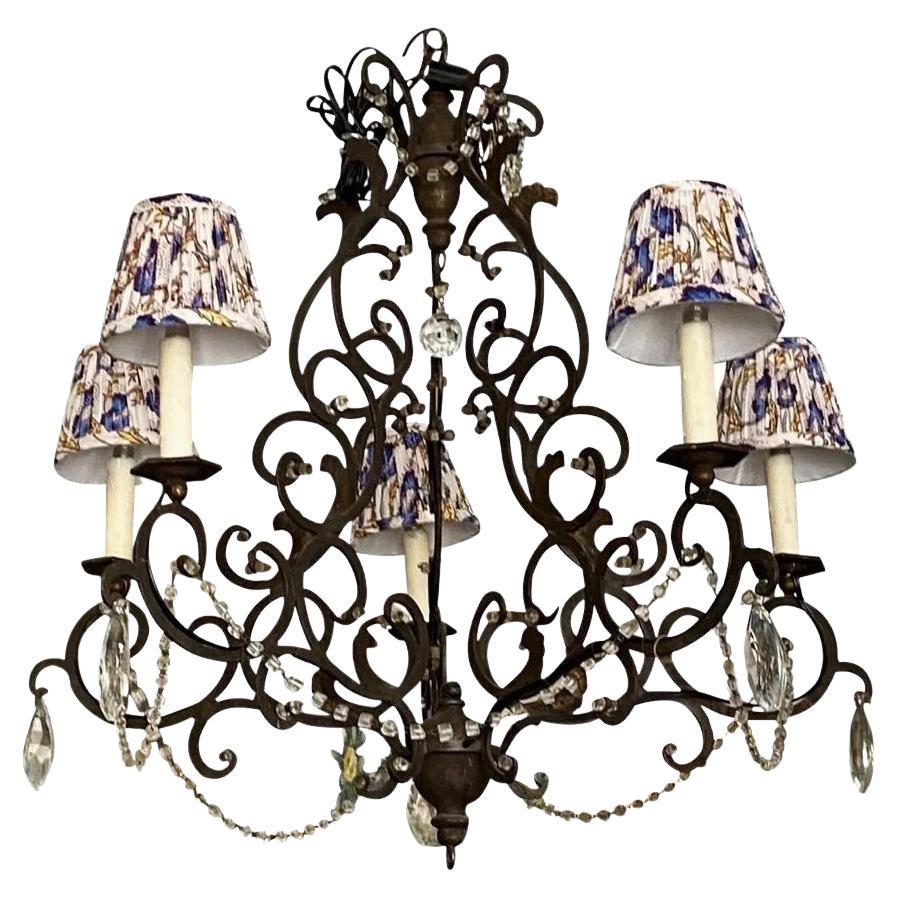 Elegant Italian Iron, Wood and Crystal Chandelier, 19th Century For Sale