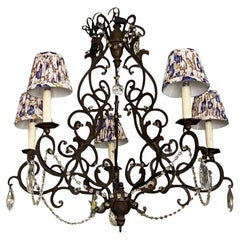 Antique Elegant Italian Iron, Wood and Crystal Chandelier, 19th Century