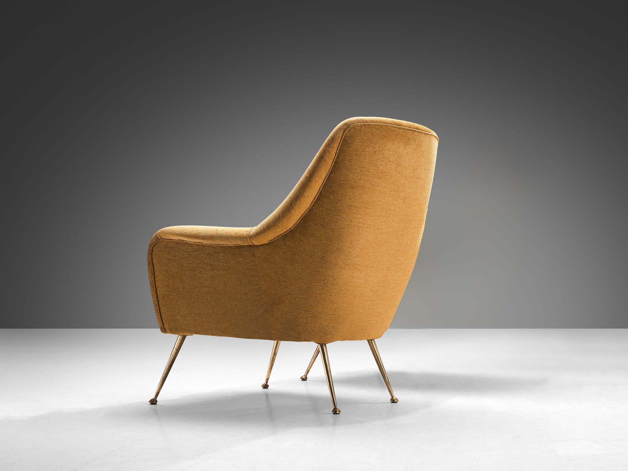 Elegant Italian Lounge Chair in Brass and Beige Camel Upholstery 1