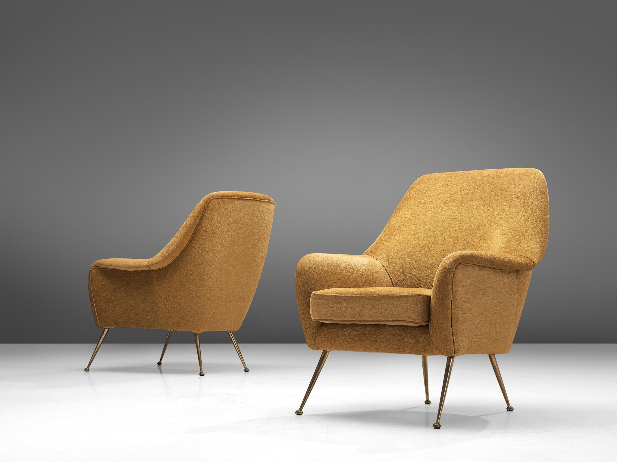 Mid-Century Modern Elegant Italian Lounge Chairs in Brass and Beige Camel Upholstery  For Sale