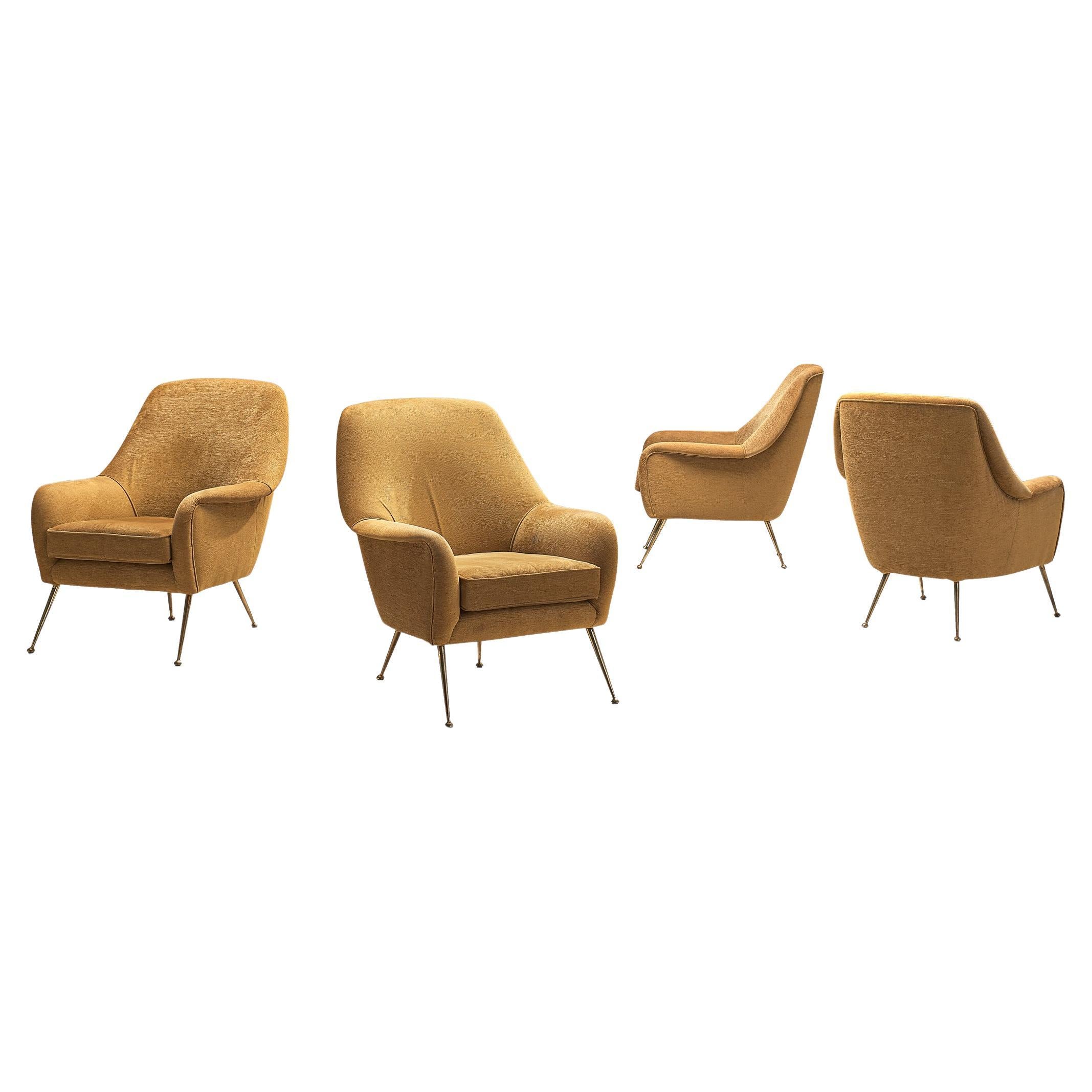 Elegant Italian Lounge Chairs in Brass and Beige Camel Upholstery  For Sale