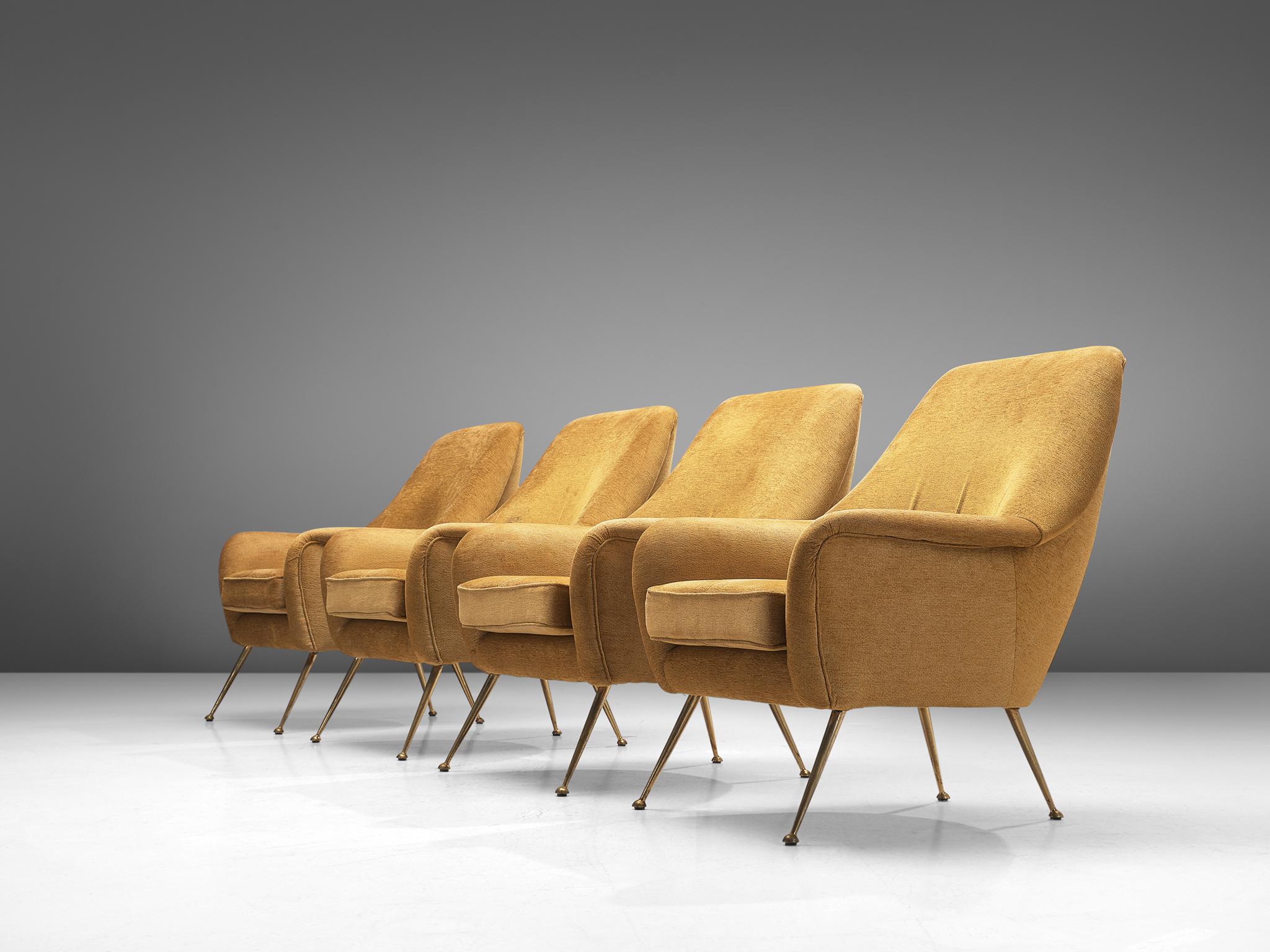 Eleganti sedie da salotto italiane con tappezzeria giallo ocra e ottone 1