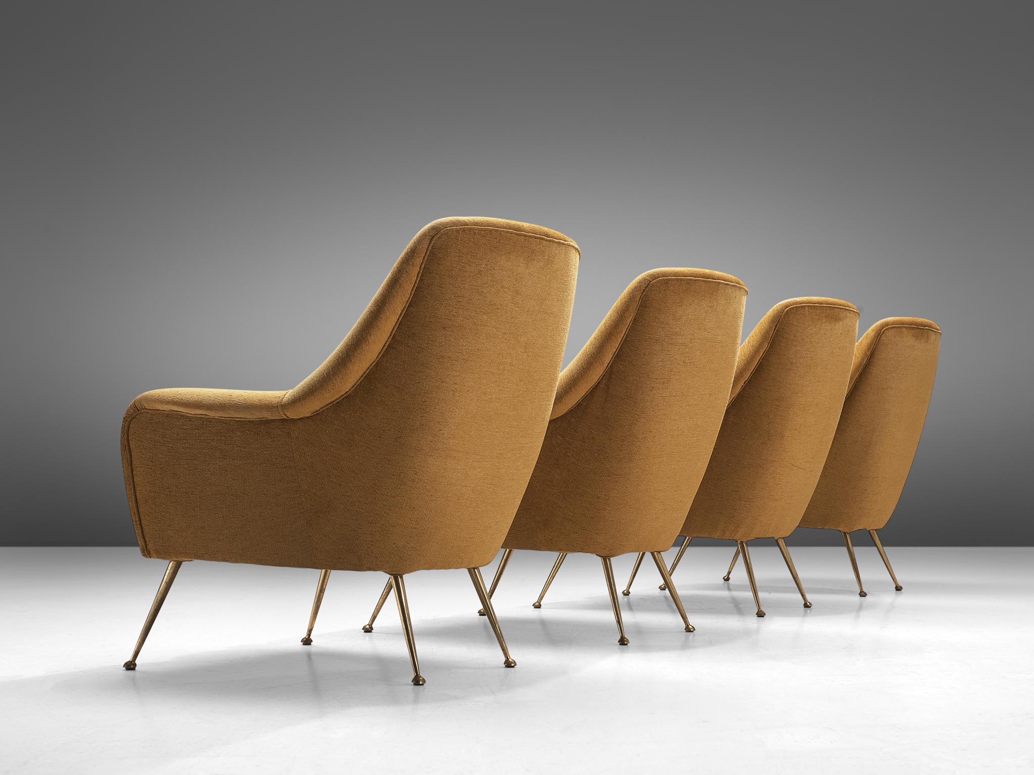 Eleganti sedie da salotto italiane con tappezzeria giallo ocra e ottone 2