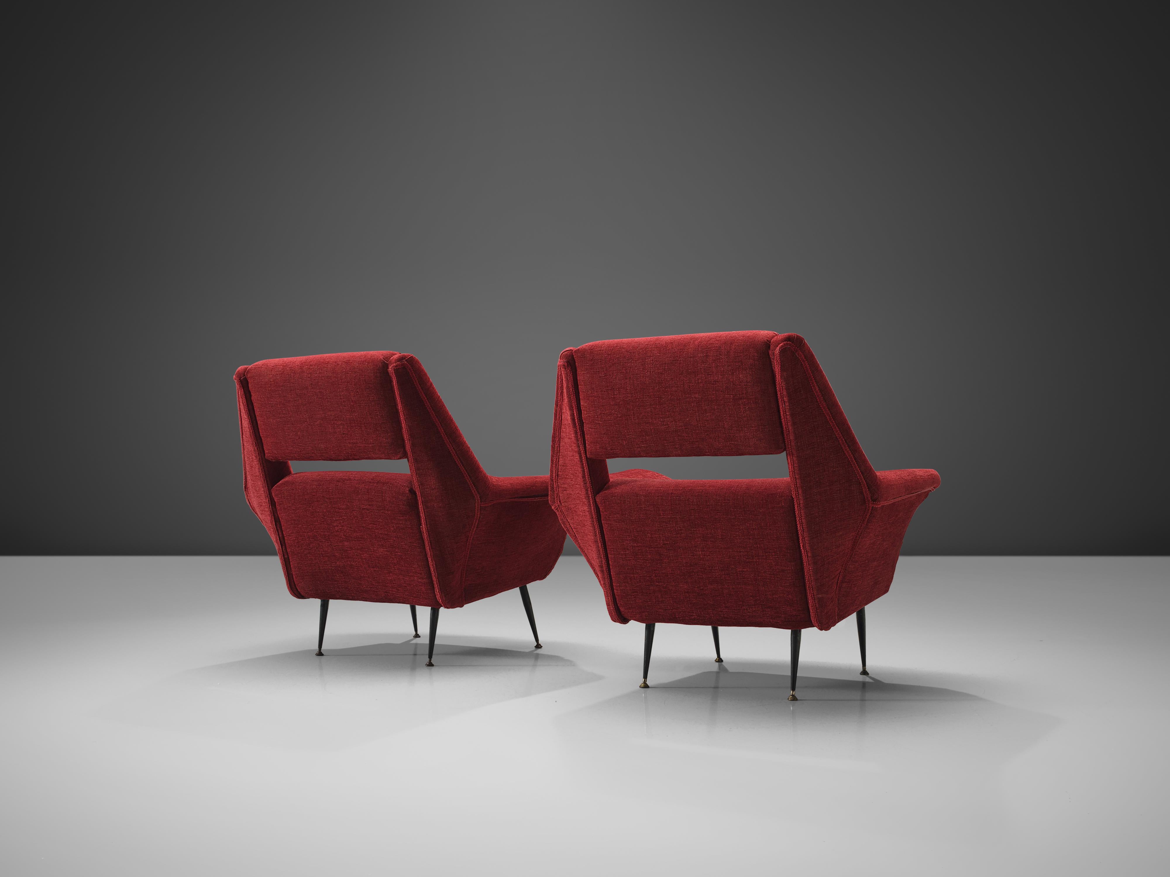 Brass Elegant Italian Lounge Chairs in Red Upholstery