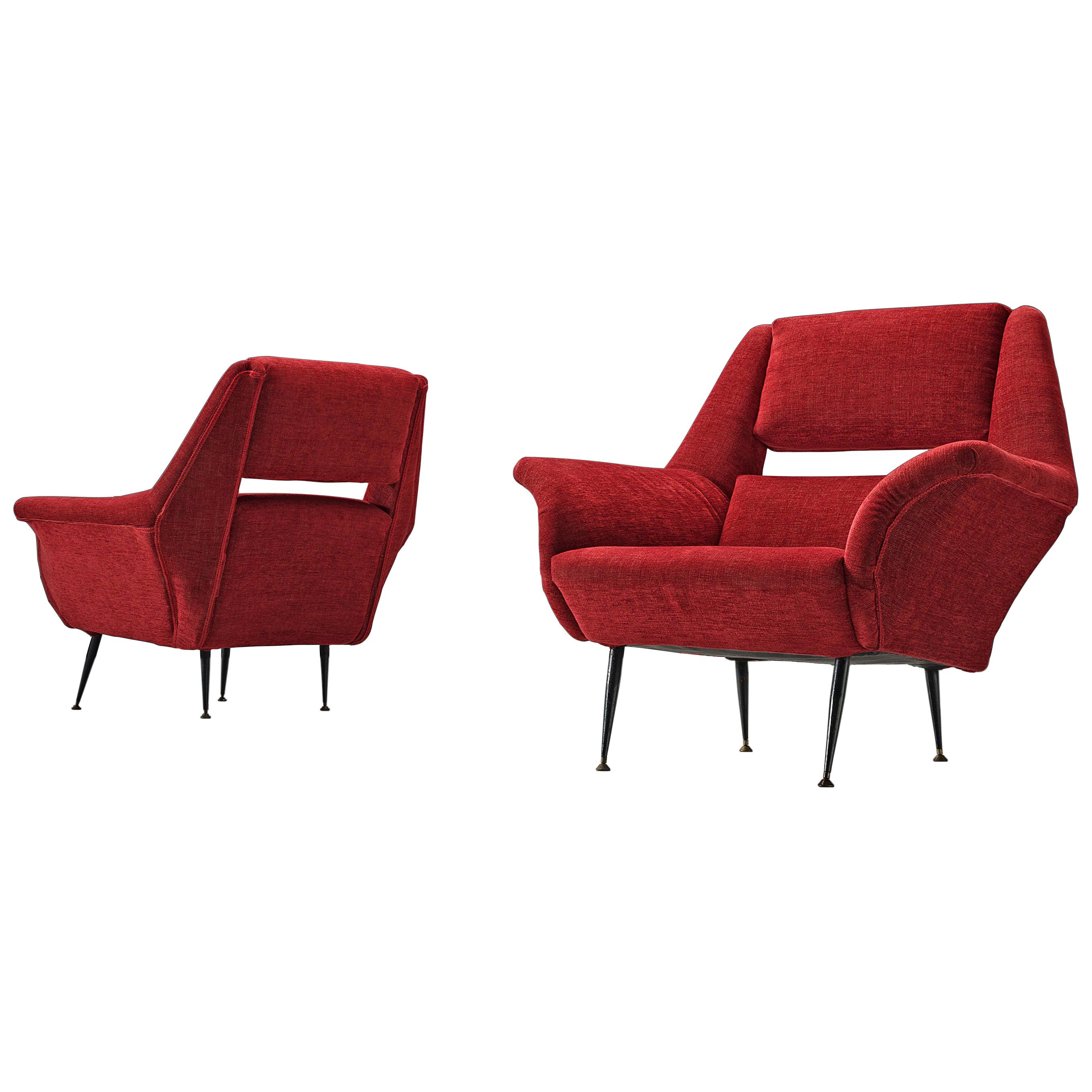 Elegant Italian Lounge Chairs in Red Upholstery