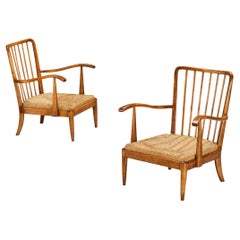 Elegant Italian Lounge Chairs in Wood and Straw 1950s