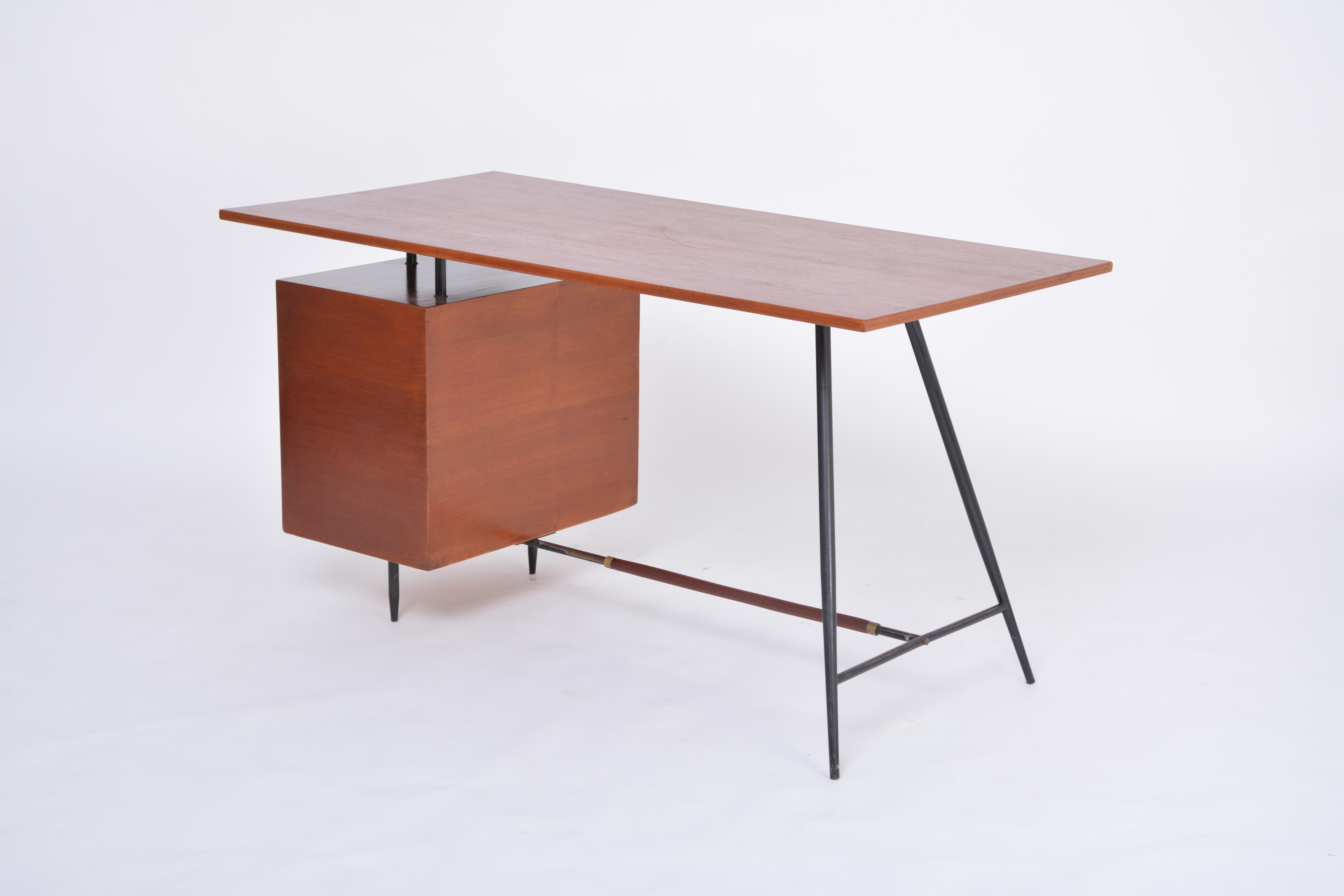 Elegant Italian MidCentury Modern Teak Desk with Floating Top and