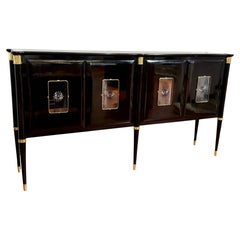 Elegant Italian Midcentury Black Lacquered and Brass Sideboard or Credenza