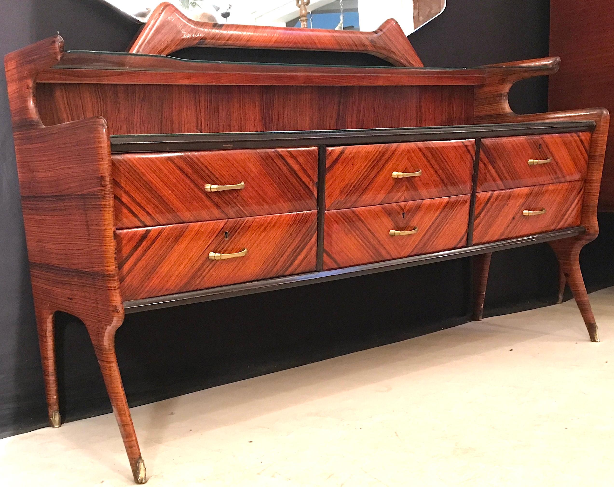 Elegant Italian Midcentury Dresser with Mirror  In Good Condition For Sale In Rome, IT