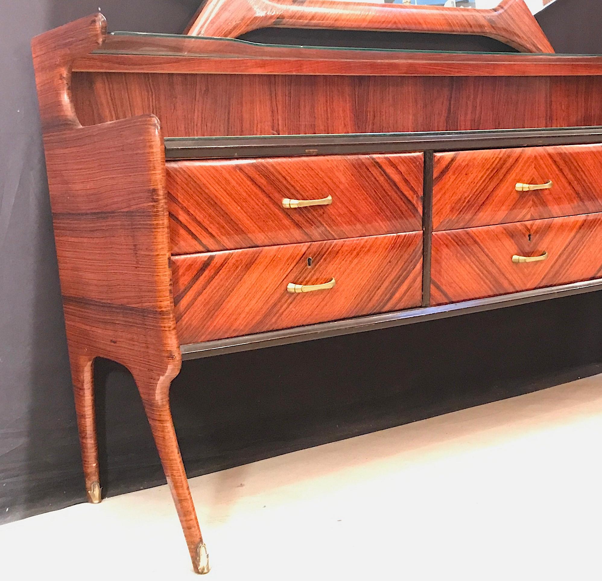 Wood Elegant Italian Midcentury Dresser with Mirror  For Sale