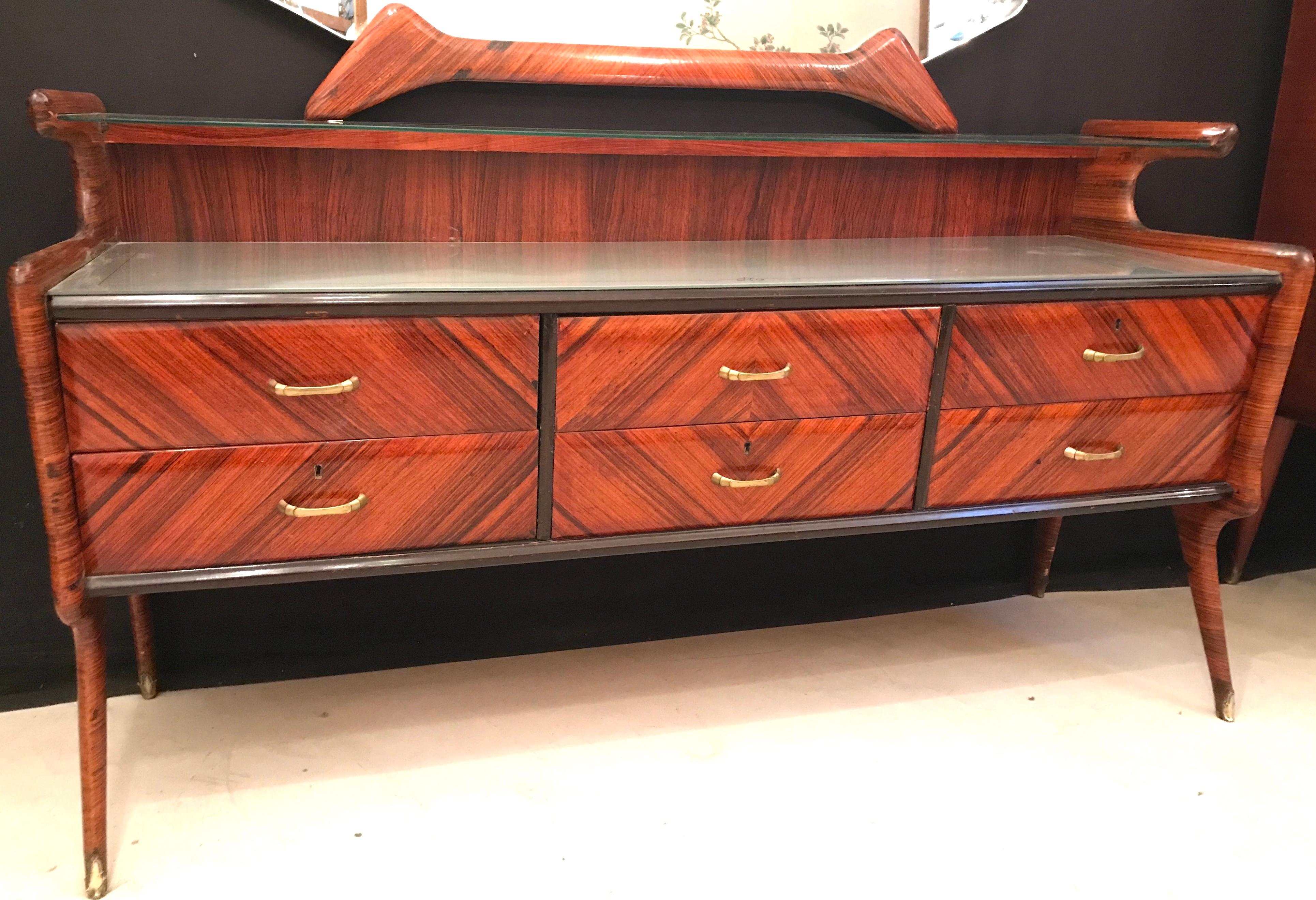 Wood Elegant Italian Midcentury Dresser with Mirror  For Sale