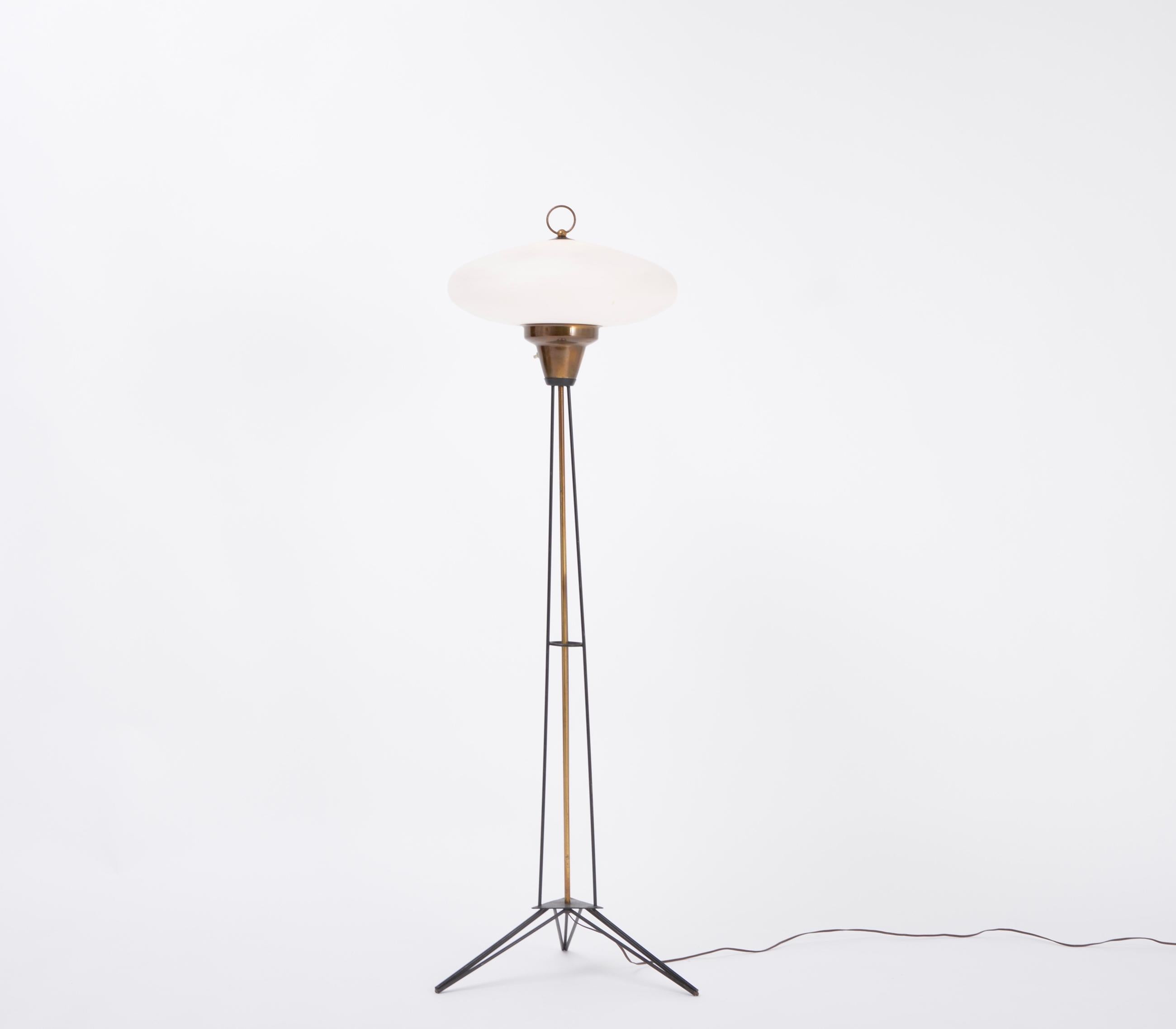 Elegant Italian Midcentury Opaline Glass and Iron Floor Lamp For Sale 1