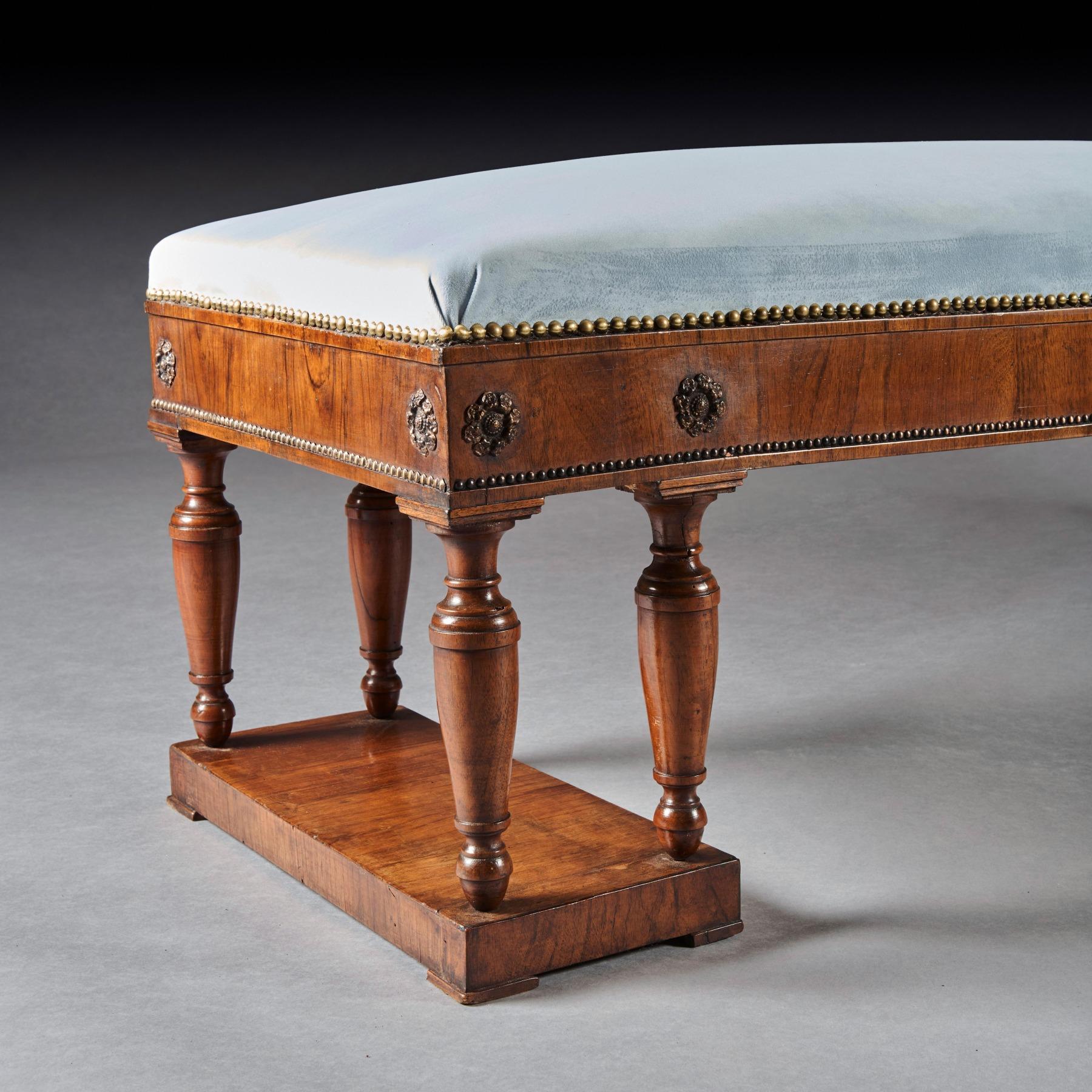 Early 19th Century Elegant Italian Neoclassical Empire Walnut Upholstered Scroll End Bench Daybed
