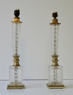 Elegant Italian Pair of Doré Bronze Cut Crystal Ormolu Column Neoclassical Lamps