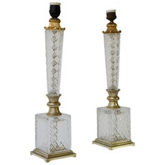 Vintage Elegant Italian Pair of Doré Bronze Cut Crystal Ormolu Column Neoclassical Lamps