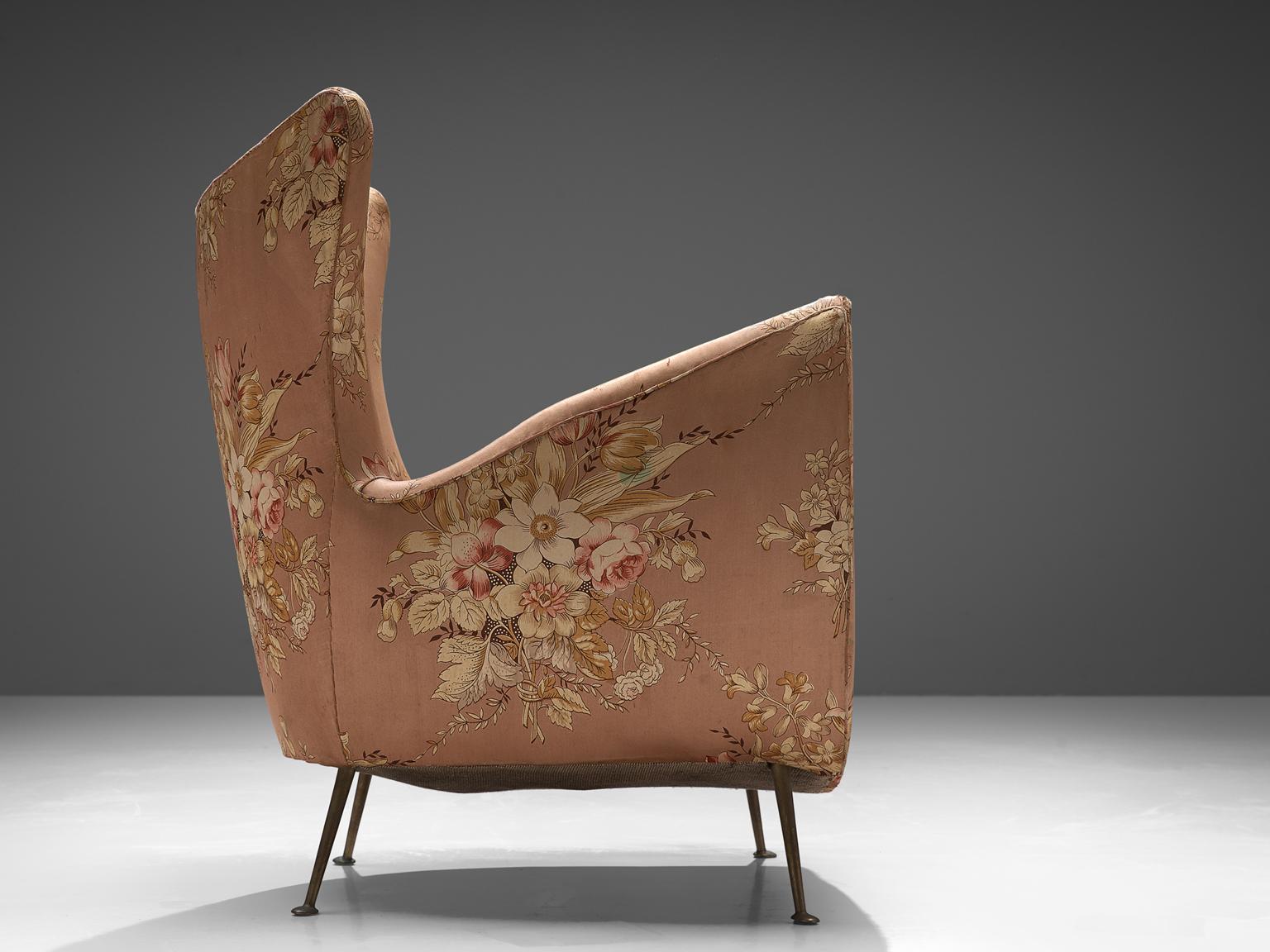 Metal Elegant Italian Pair of Lounge Chairs in Pink Floral Upholstery