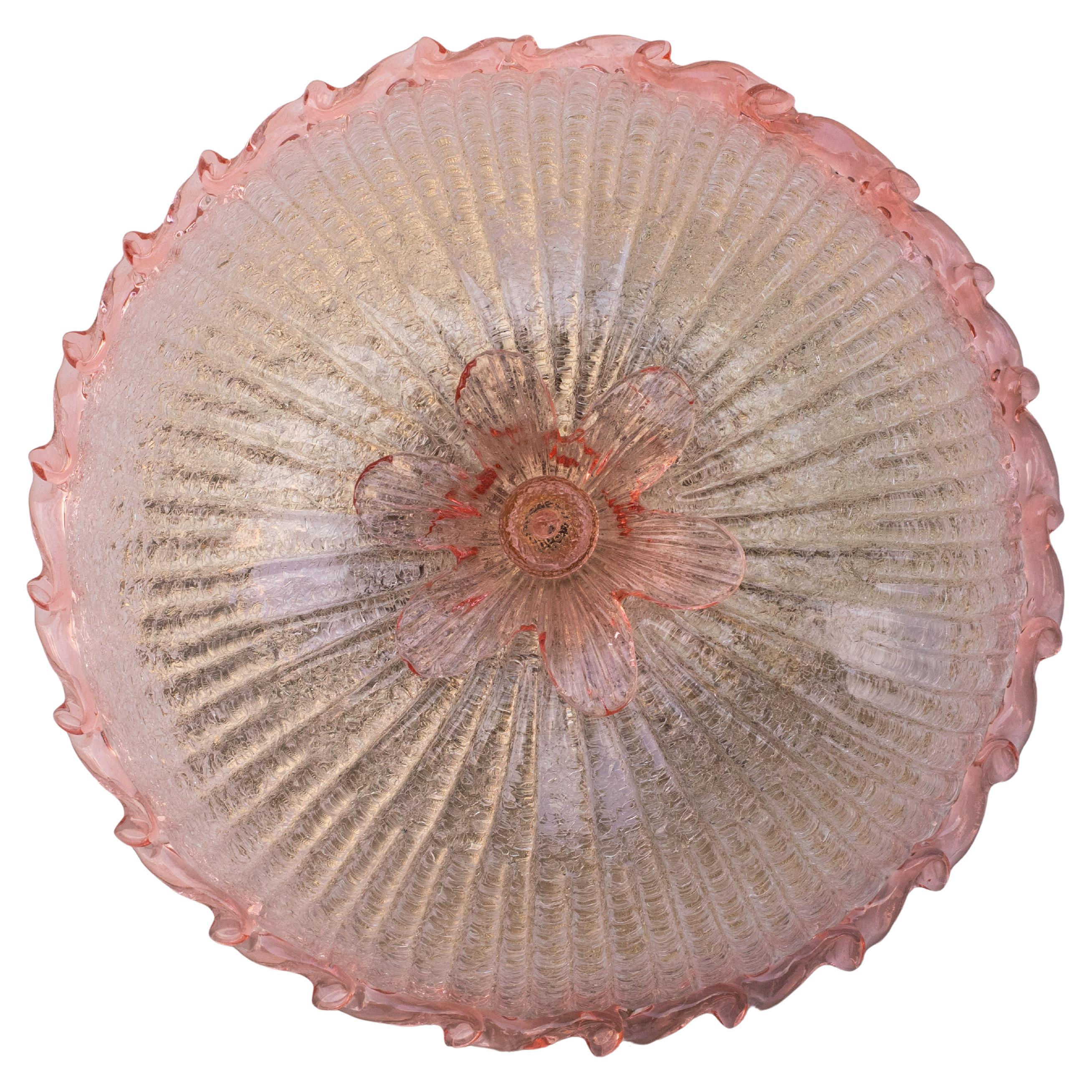 Elegante Flor de Techo Italiana de Cristal Rosa y Murano