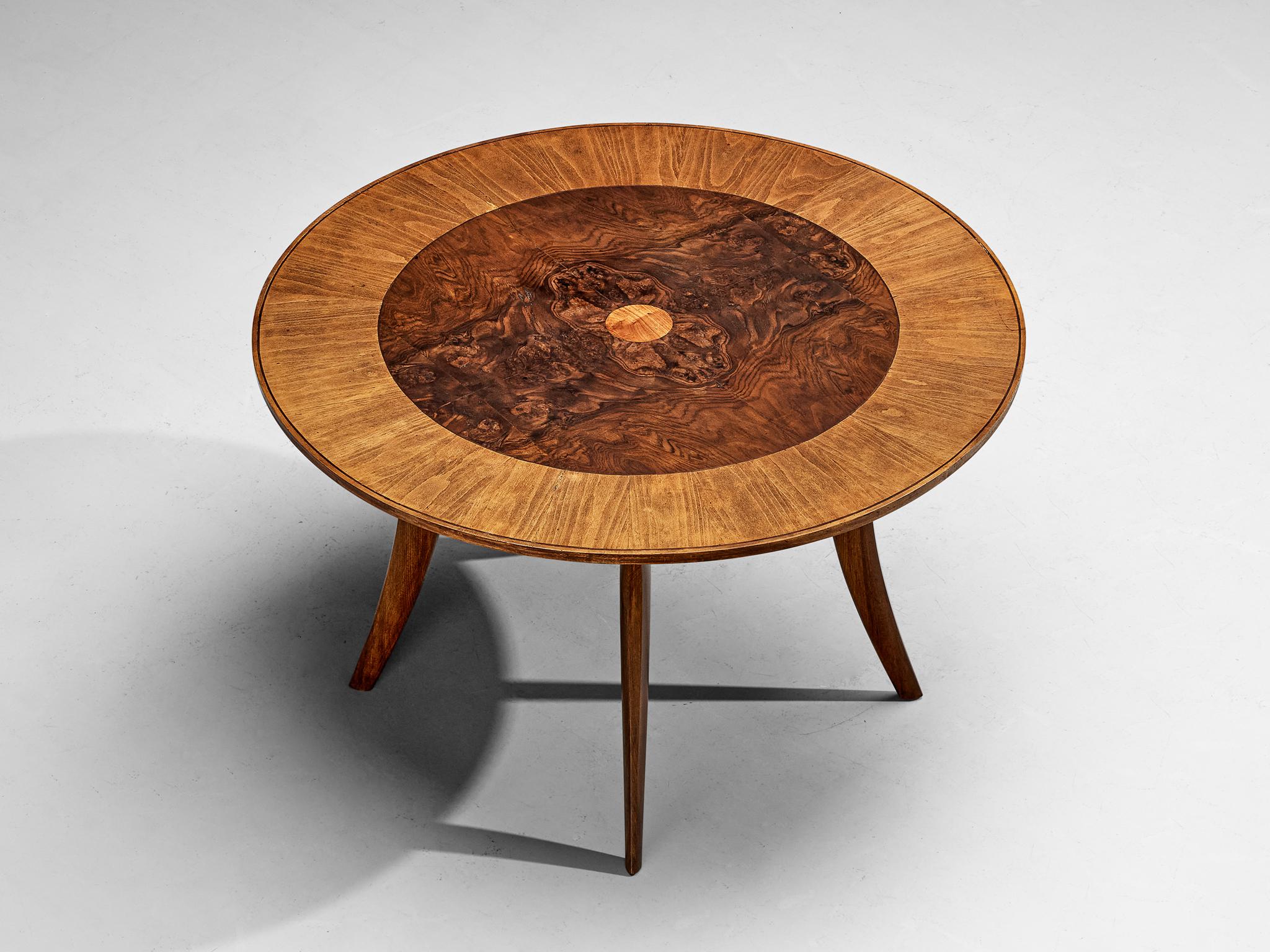 Mid-Century Modern Elegant Italian Round Dining or Center Table in Briar and Walnut   For Sale