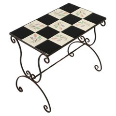 Elegant Italian side table with wrought iron base and decorated ceramic tales, 1