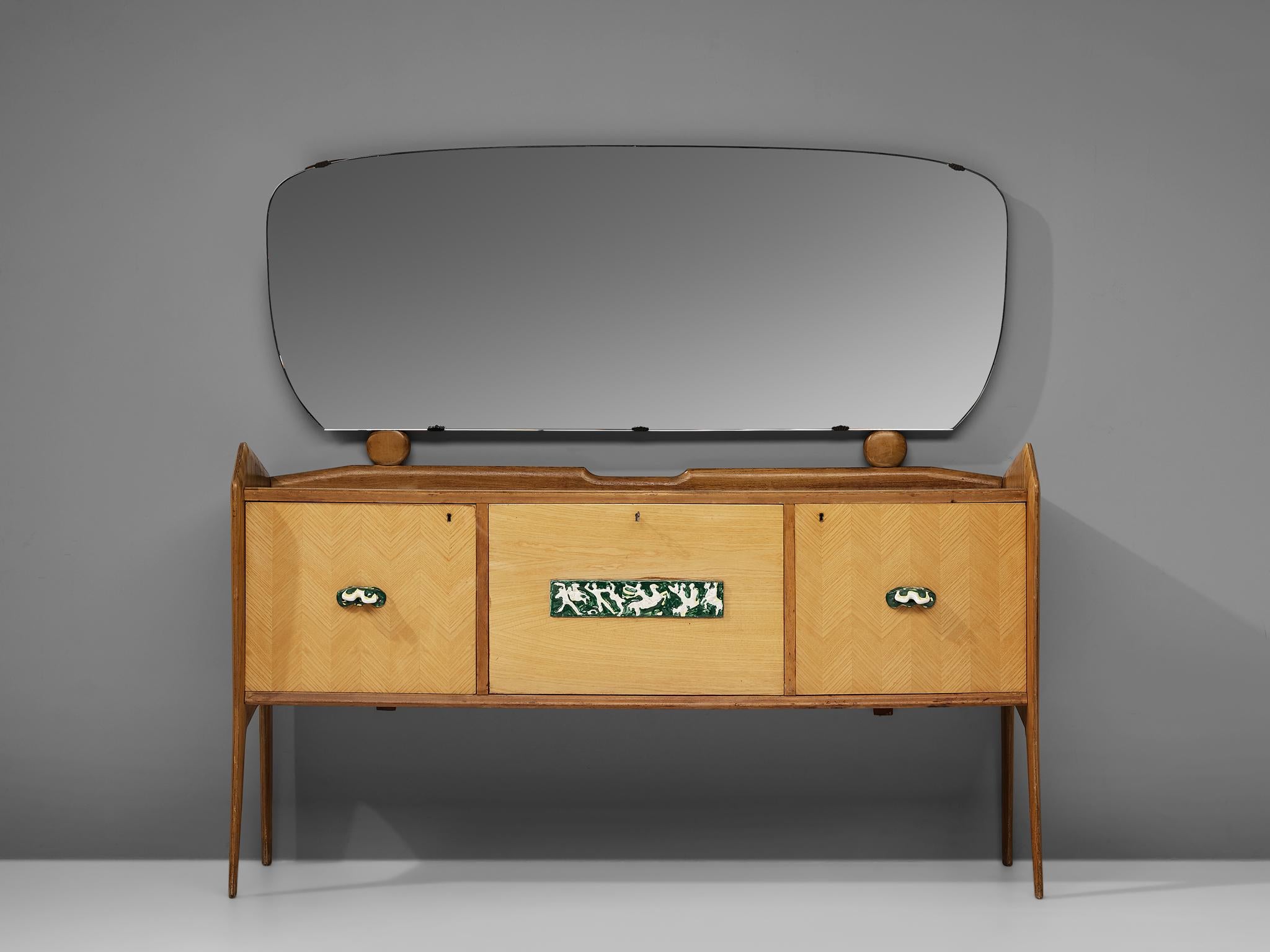 Mid-Century Modern Elegant Italian Sideboard with Mirror and Dry Bar in Ash