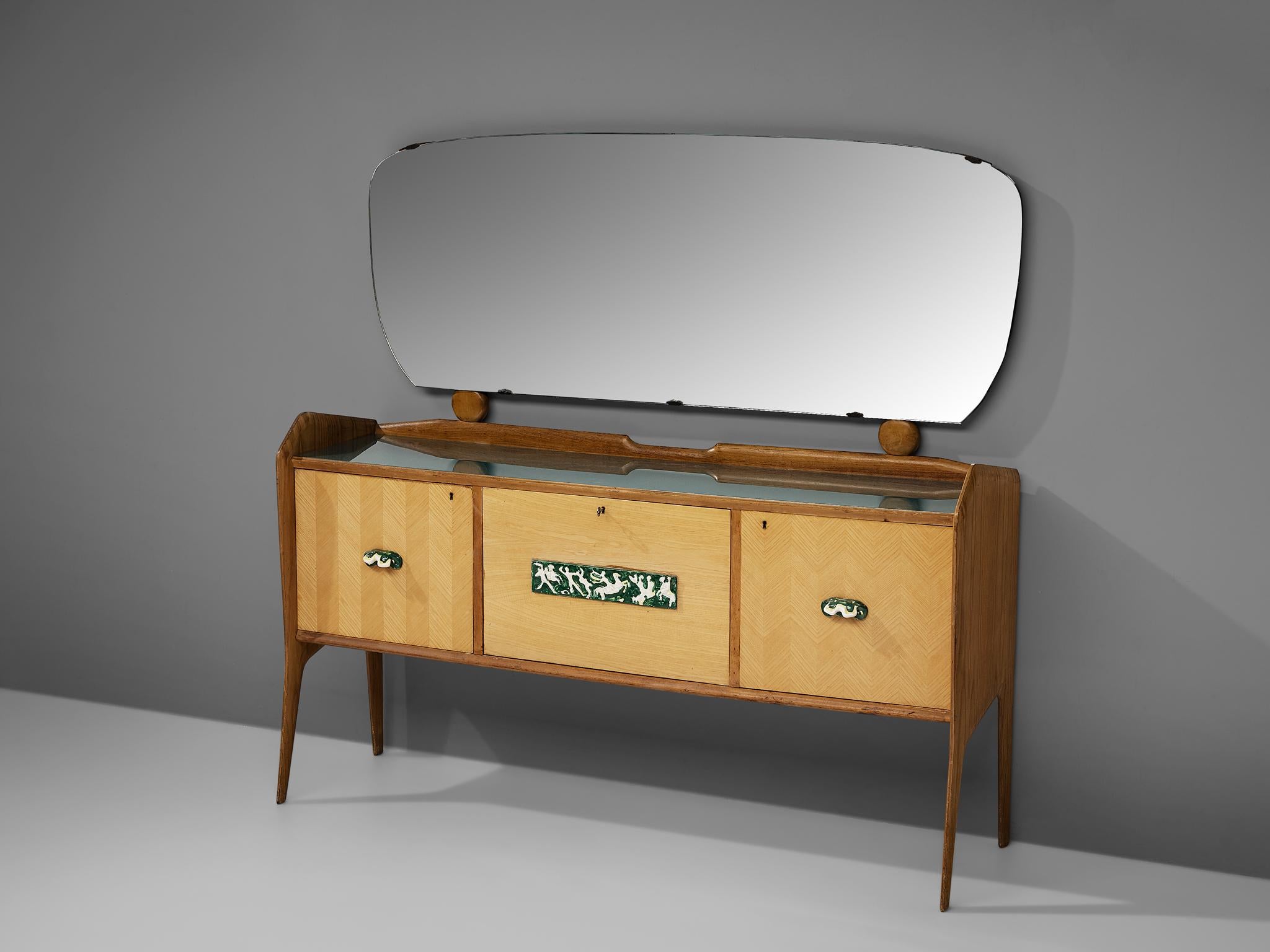 Mid-20th Century Elegant Italian Sideboard with Mirror and Dry Bar in Ash